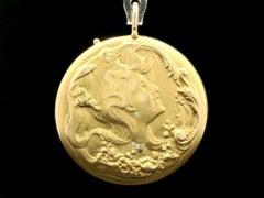 Rare Antique Art Nouveau 14k Gold Diamond Woman Repoussé Large Locket Pendant