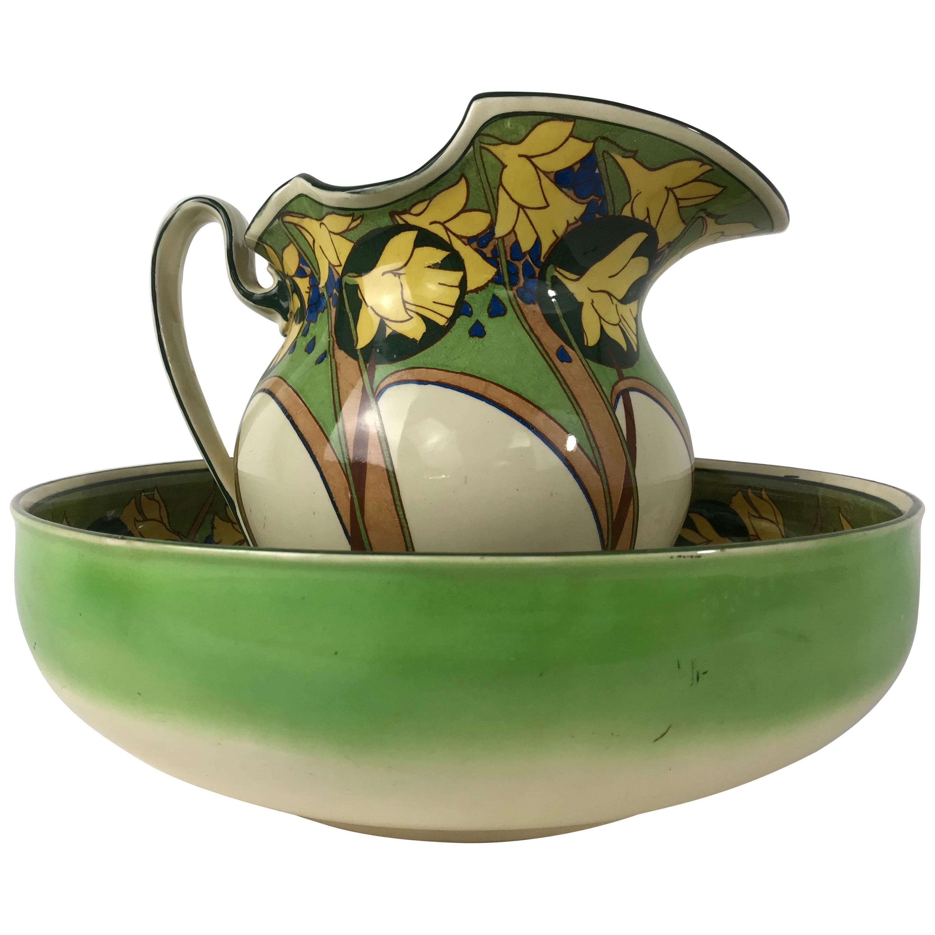 Rare Antique Art Nouveau 2-Piece Wash Set Bowl and Pitcher by Royal Doulton For Sale