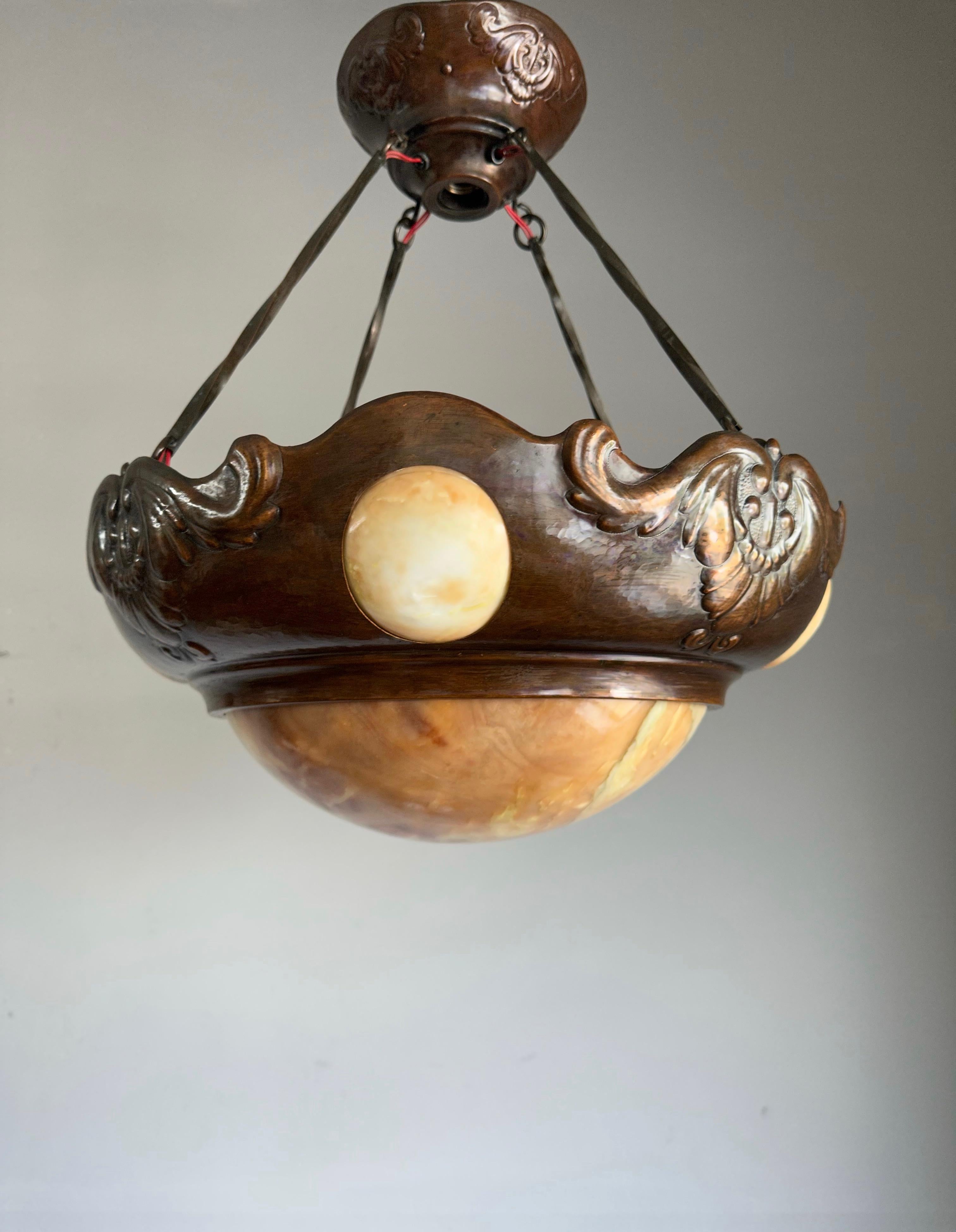 Rare Antique Arts & Crafts Alabaster with Embossed Copper 6-Light Pendant For Sale 8