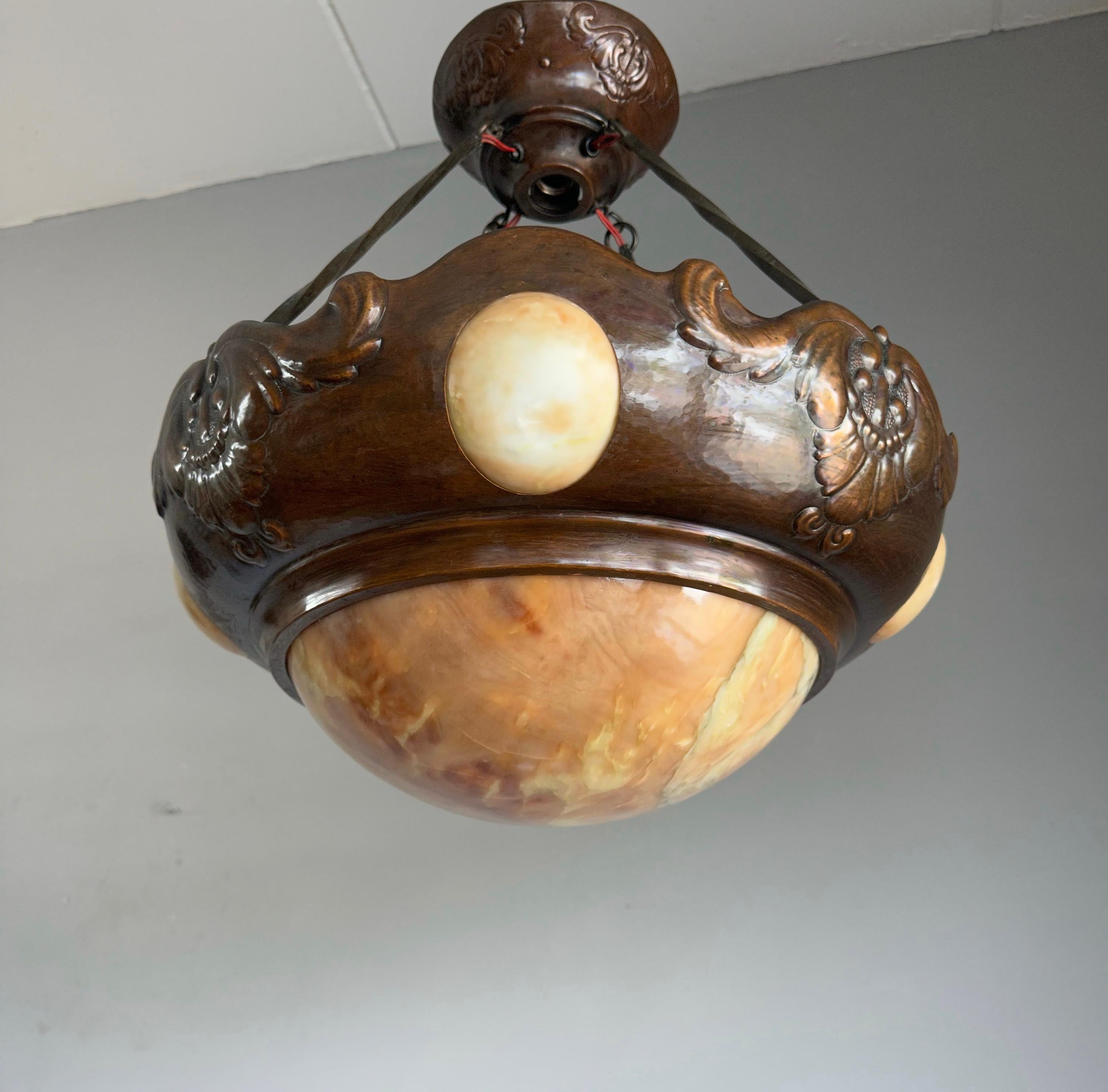 Rare Antique Arts & Crafts Alabaster with Embossed Copper 6-Light Pendant For Sale 10