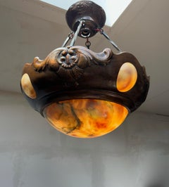 Rare Antique Arts & Crafts Alabaster with Embossed Copper 6-Light Pendant