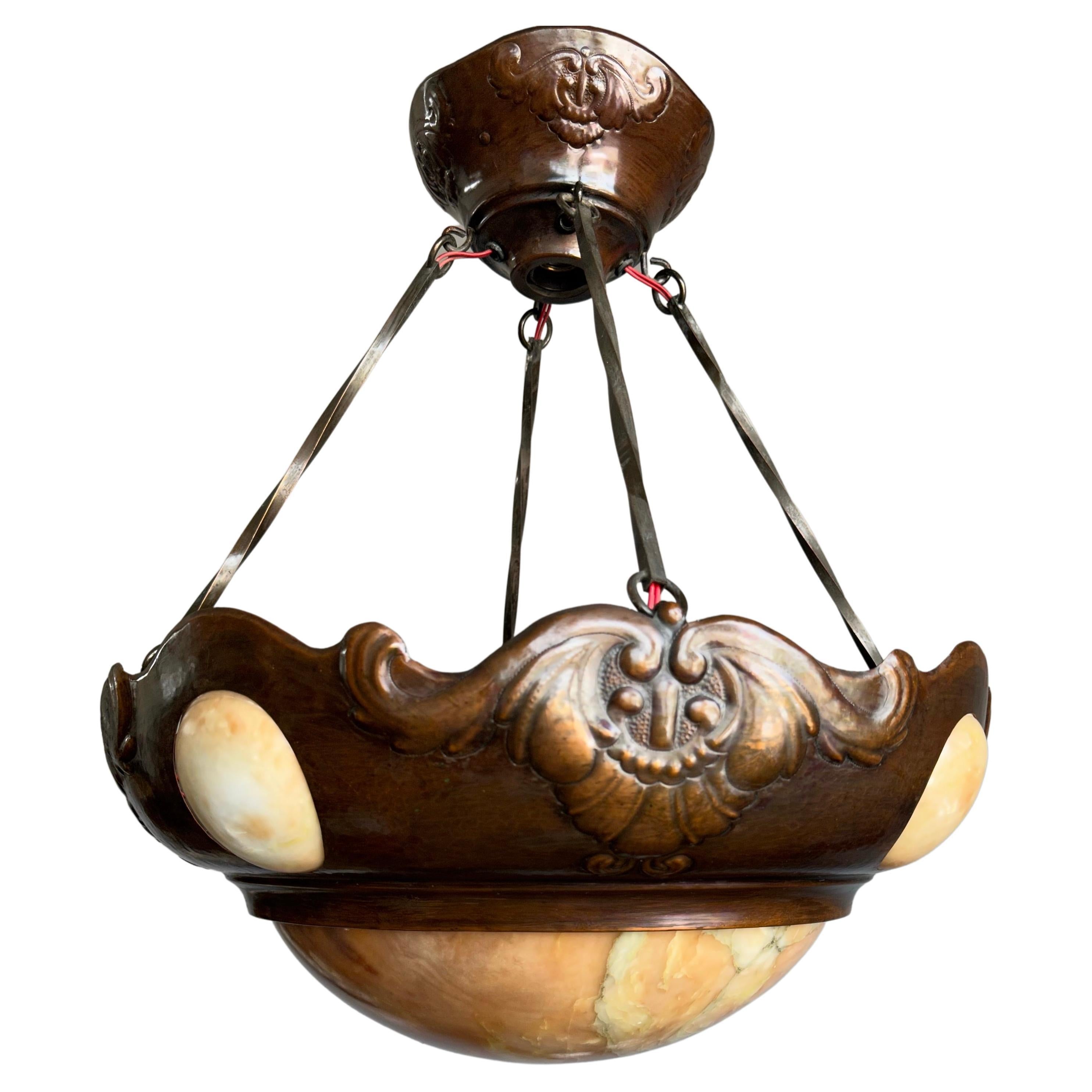 Rare Antique Arts & Crafts Alabaster with Embossed Copper 6-Light Pendant For Sale