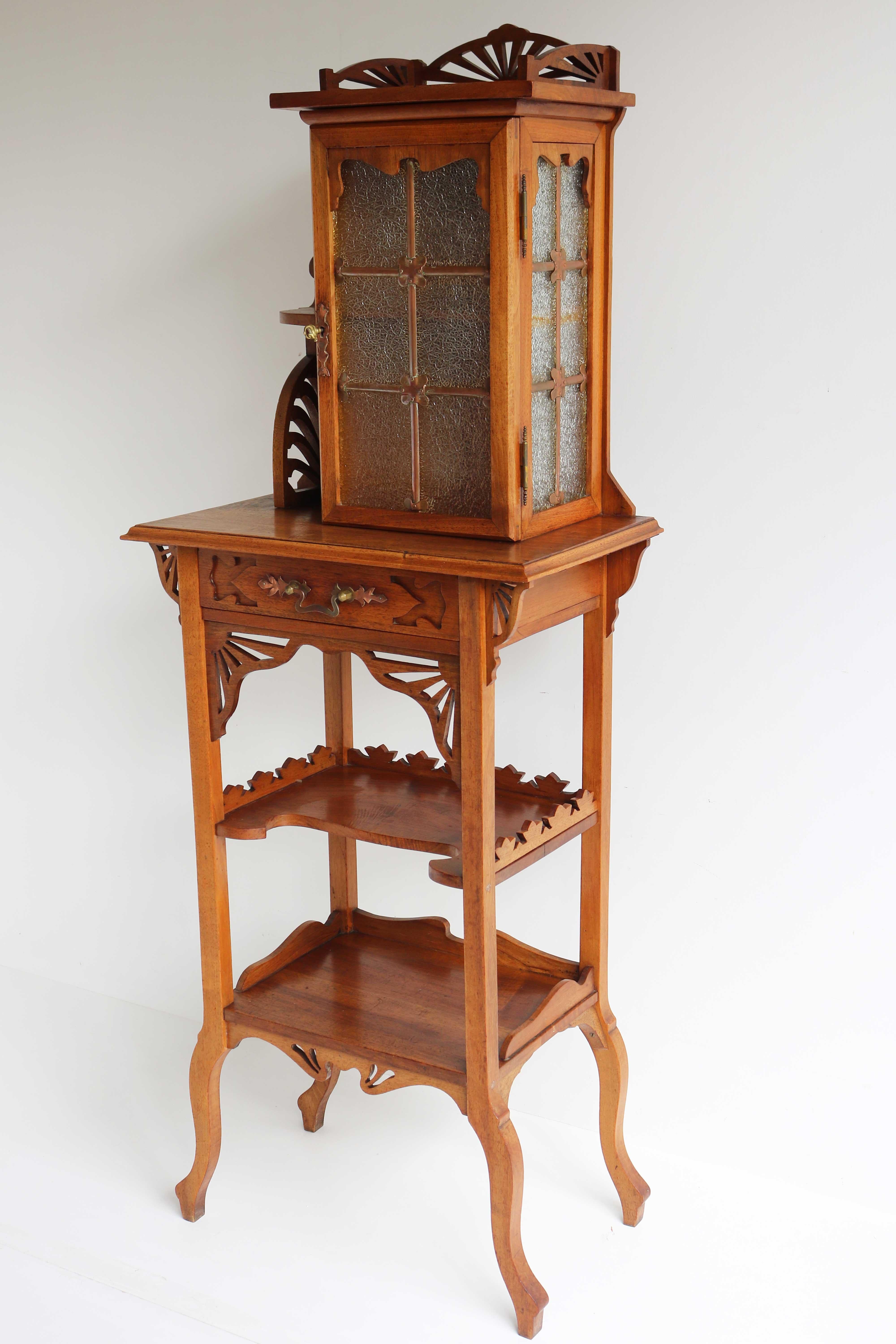 Hand-Carved Rare Antique Arts & Crafts / Art Nouveau Cabinet with Glass & Copper Jugendstil For Sale