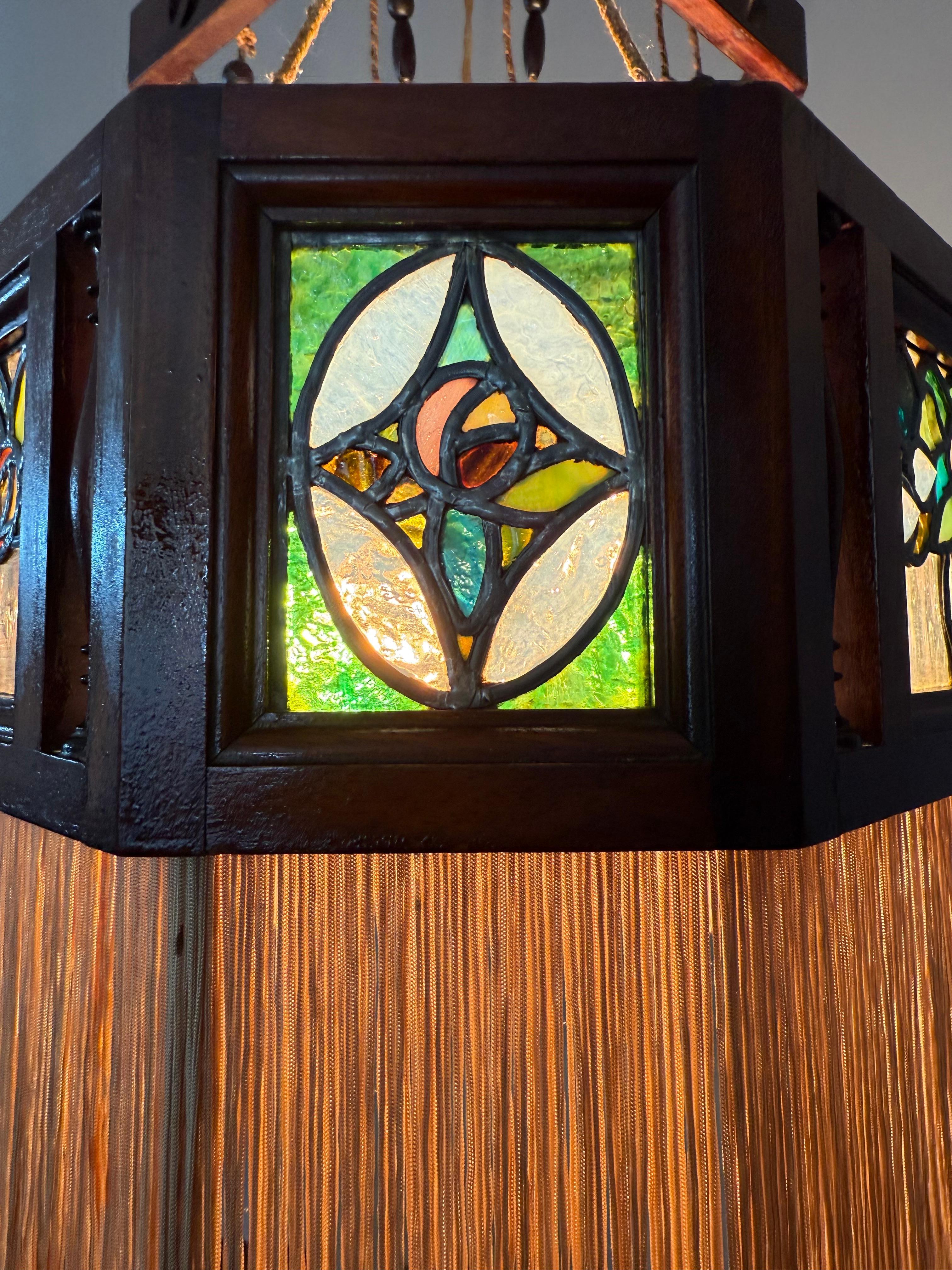 Rare Antiquité, Arts & Crafts Chandelier Pendentif w. Vitrail Mackintosh Rose en vente 10