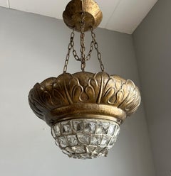 Rare Antique Arts & Crafts Glass Stone Mosaic with Embossed Brass Pendant Light