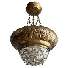 Rare Antique Arts & Crafts Glass Stone Mosaic with Embossed Brass Pendant Light