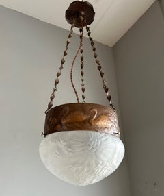 Rare Antique Arts & Crafts Glass with Embossed Copper Pendant Light w. Swans
