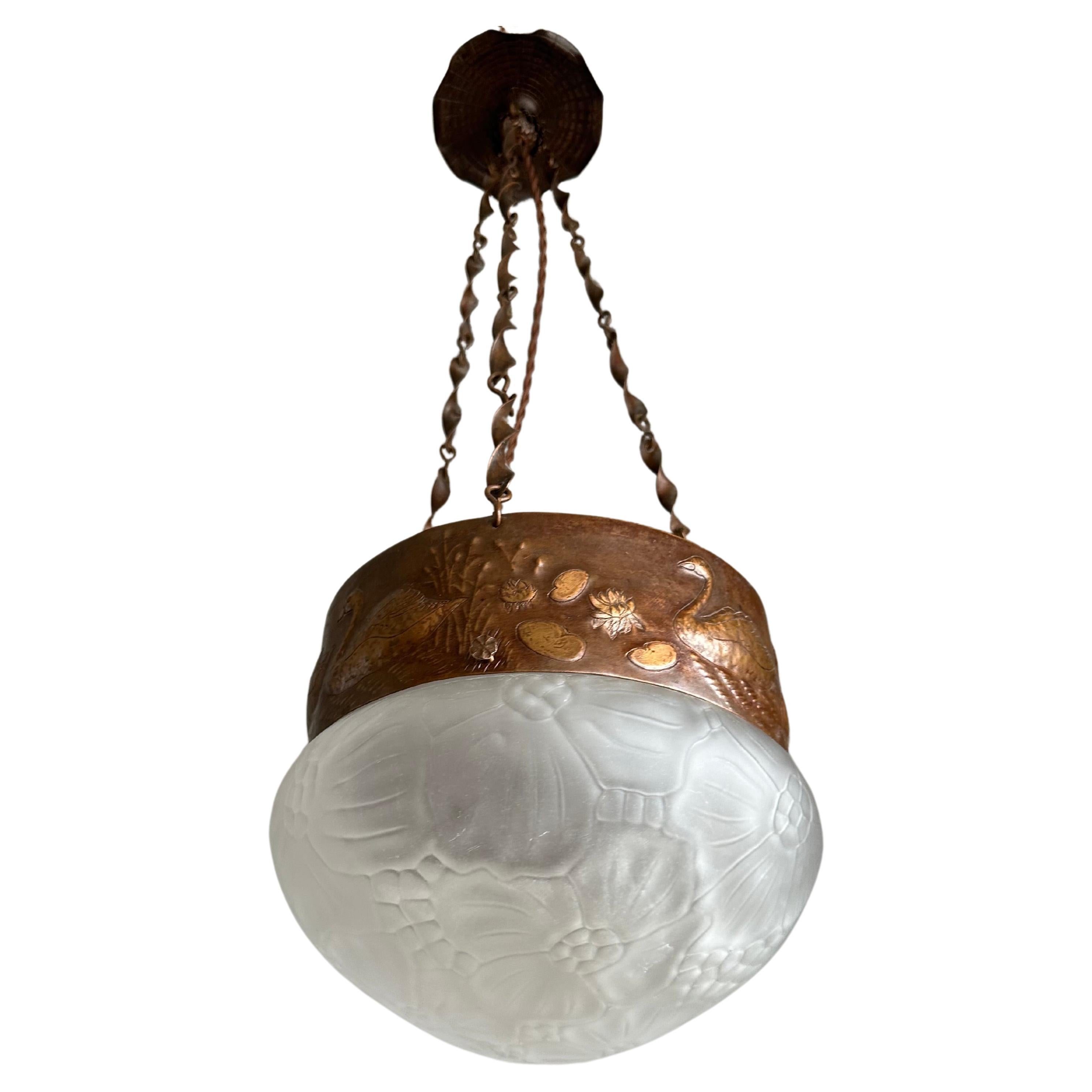 Rare Antique Arts & Crafts Glass with Embossed Copper Pendant Light w. Swans