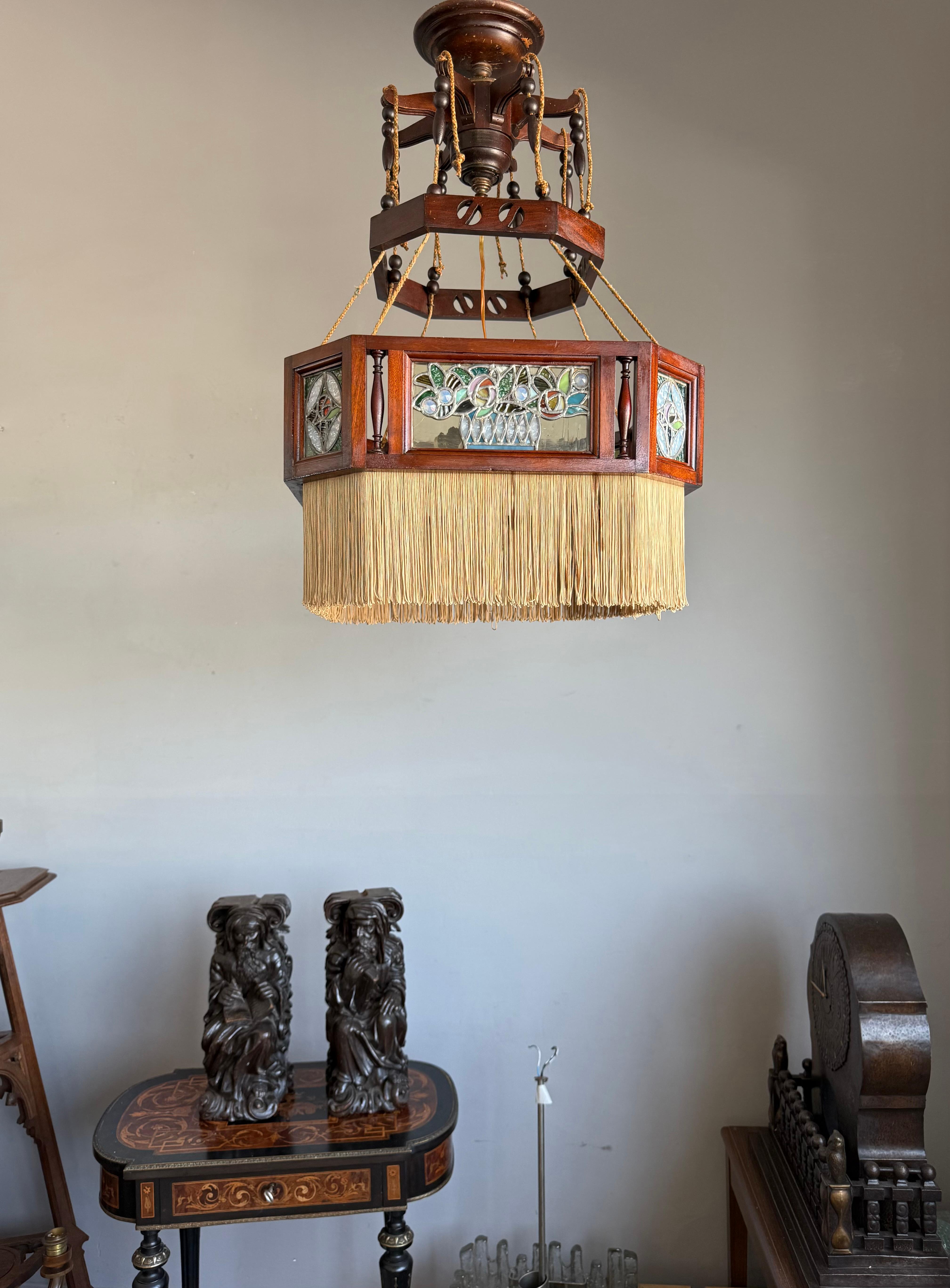 Rare Antiquité, Arts & Crafts Chandelier Pendentif w. Vitrail Mackintosh Rose en vente 2