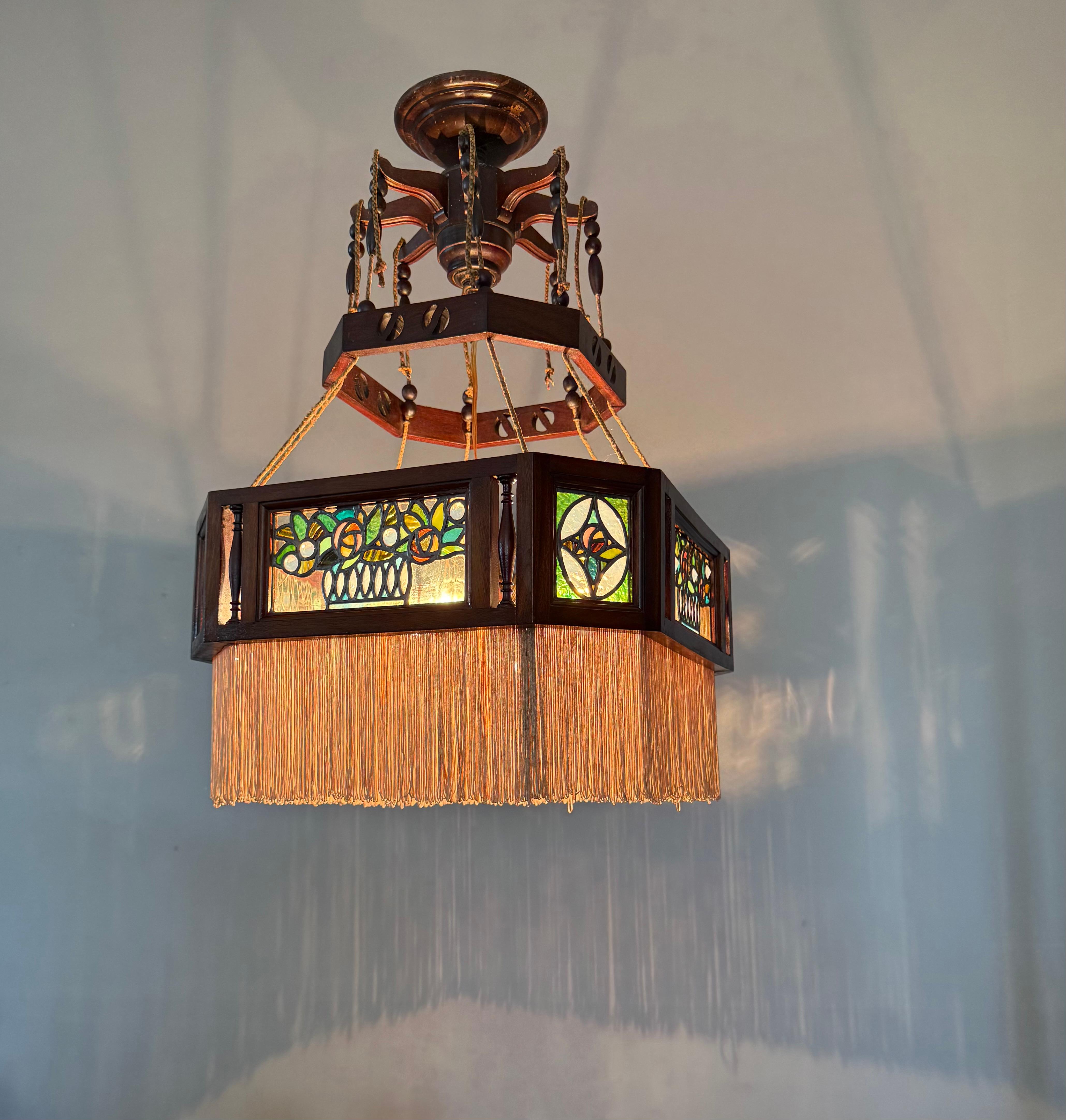 Rare Antiquité, Arts & Crafts Chandelier Pendentif w. Vitrail Mackintosh Rose en vente 3
