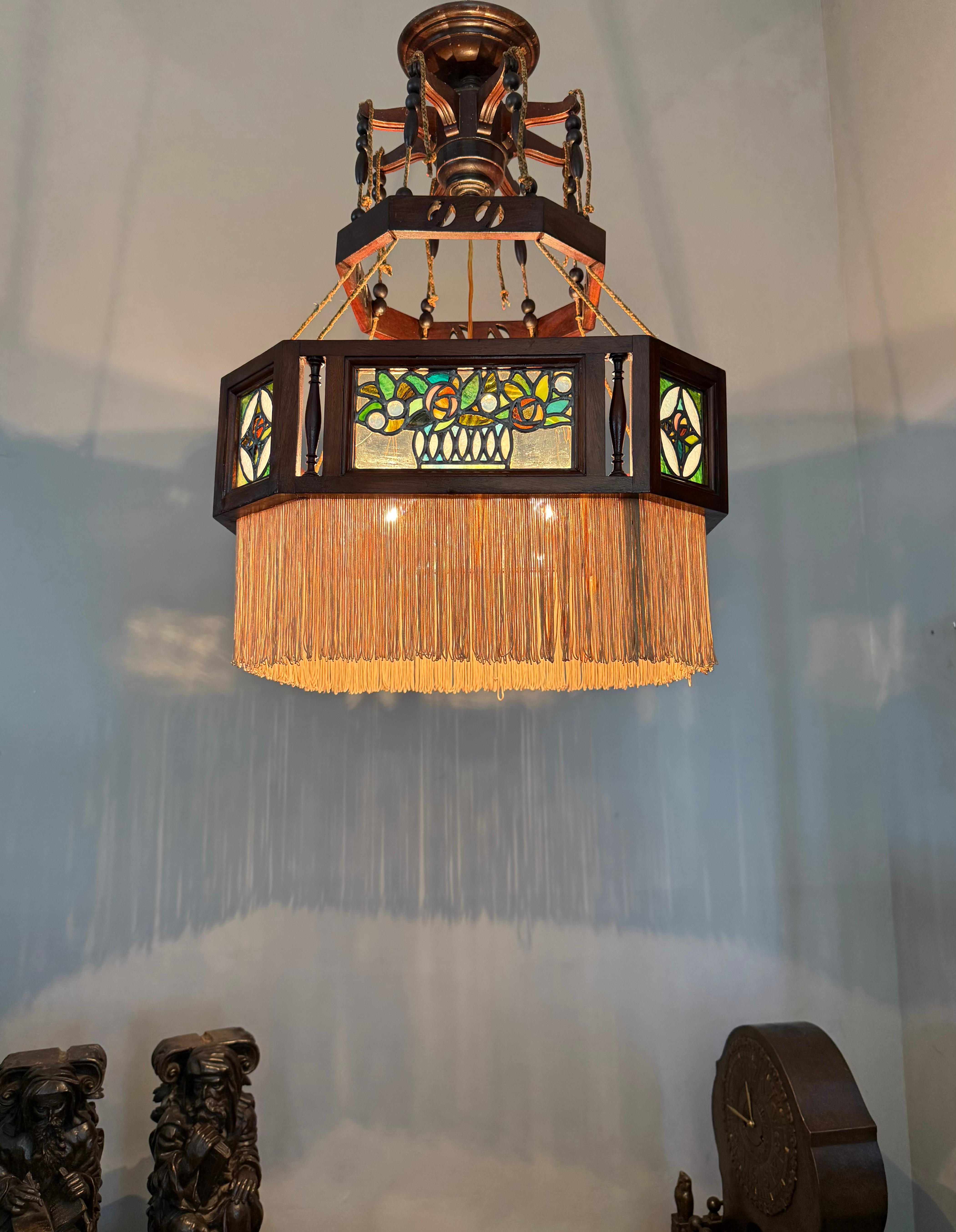 Rare Antiquité, Arts & Crafts Chandelier Pendentif w. Vitrail Mackintosh Rose en vente 4