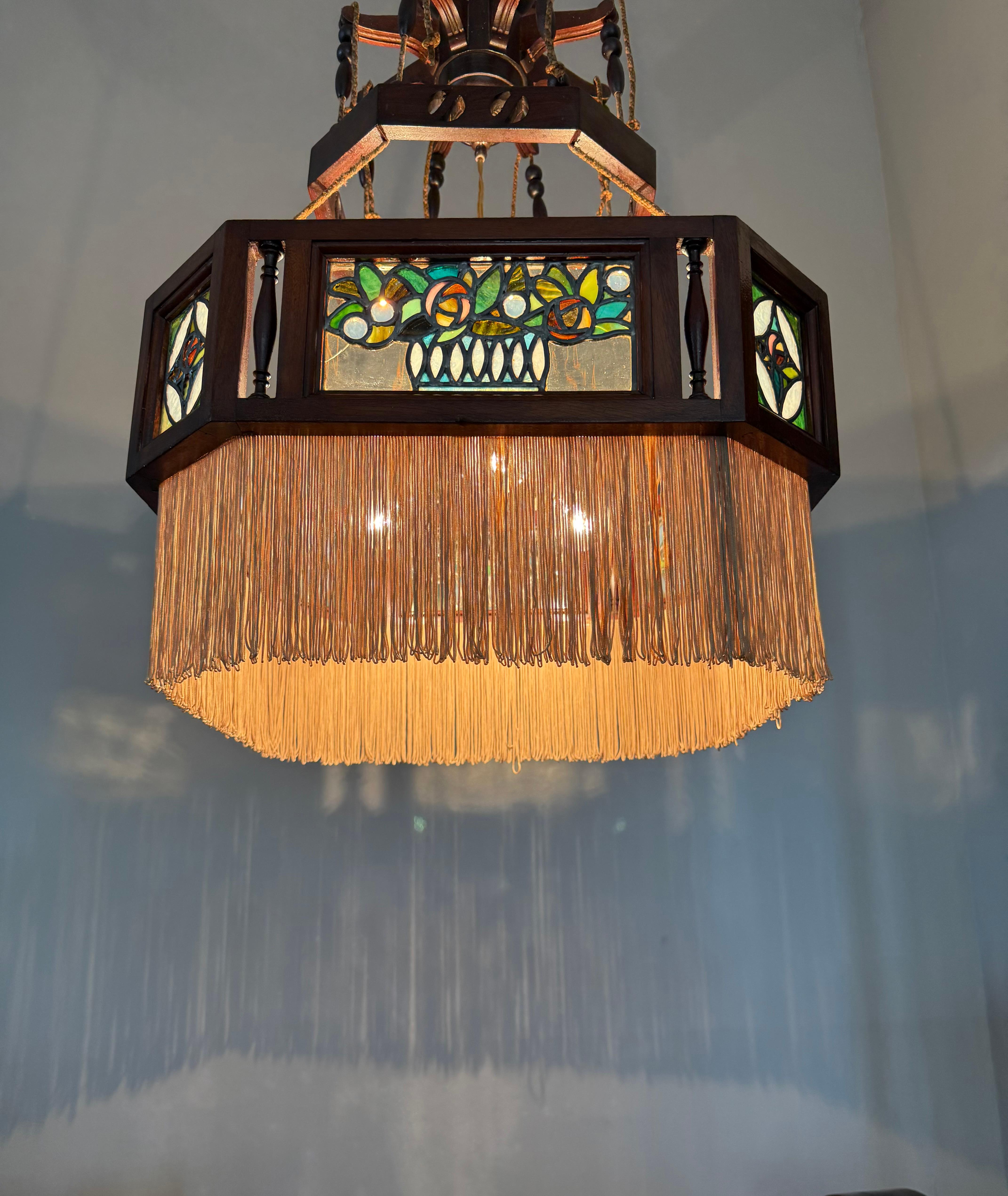 Rare Antiquité, Arts & Crafts Chandelier Pendentif w. Vitrail Mackintosh Rose en vente 7