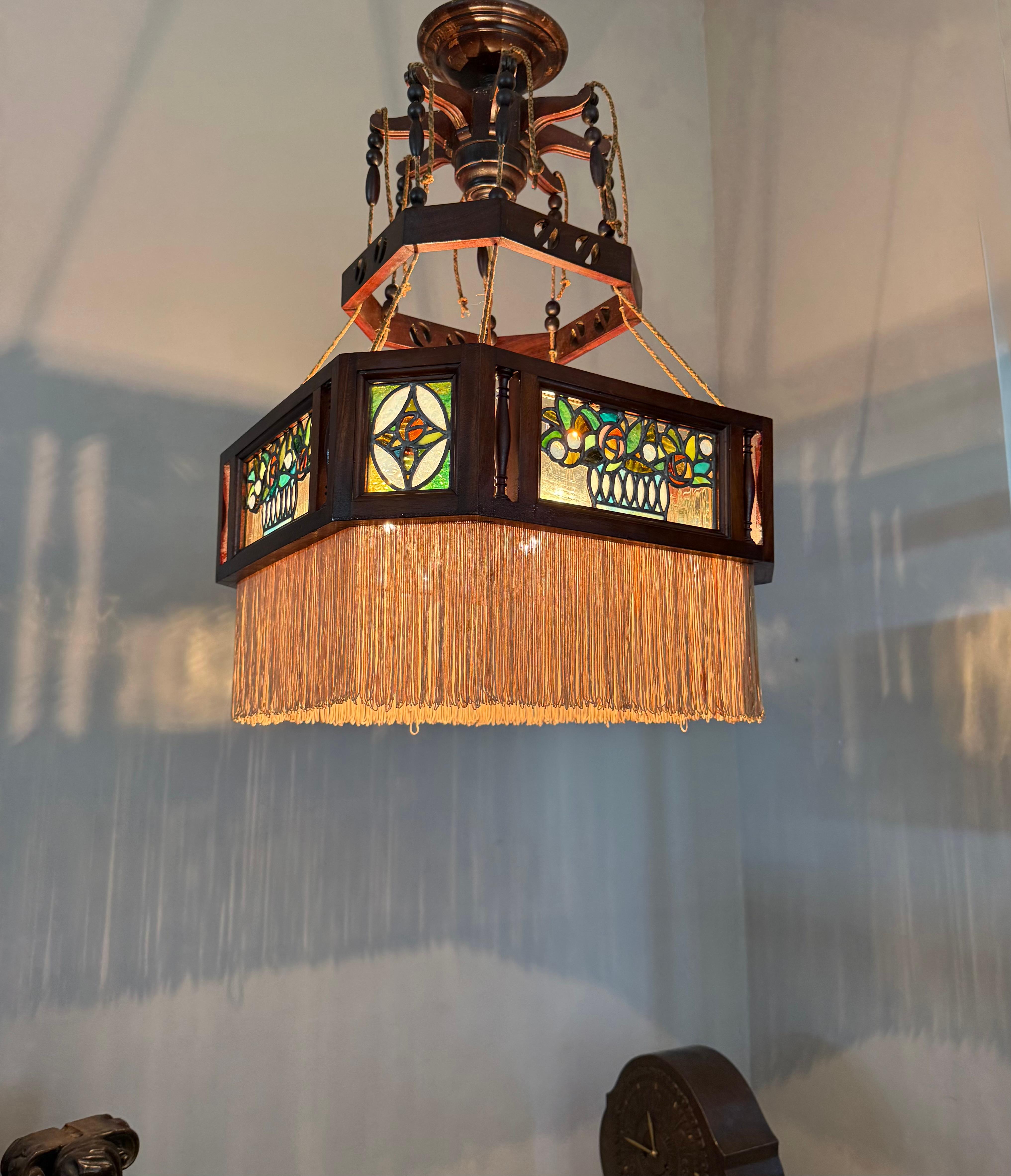 Rare Antiquité, Arts & Crafts Chandelier Pendentif w. Vitrail Mackintosh Rose en vente 8