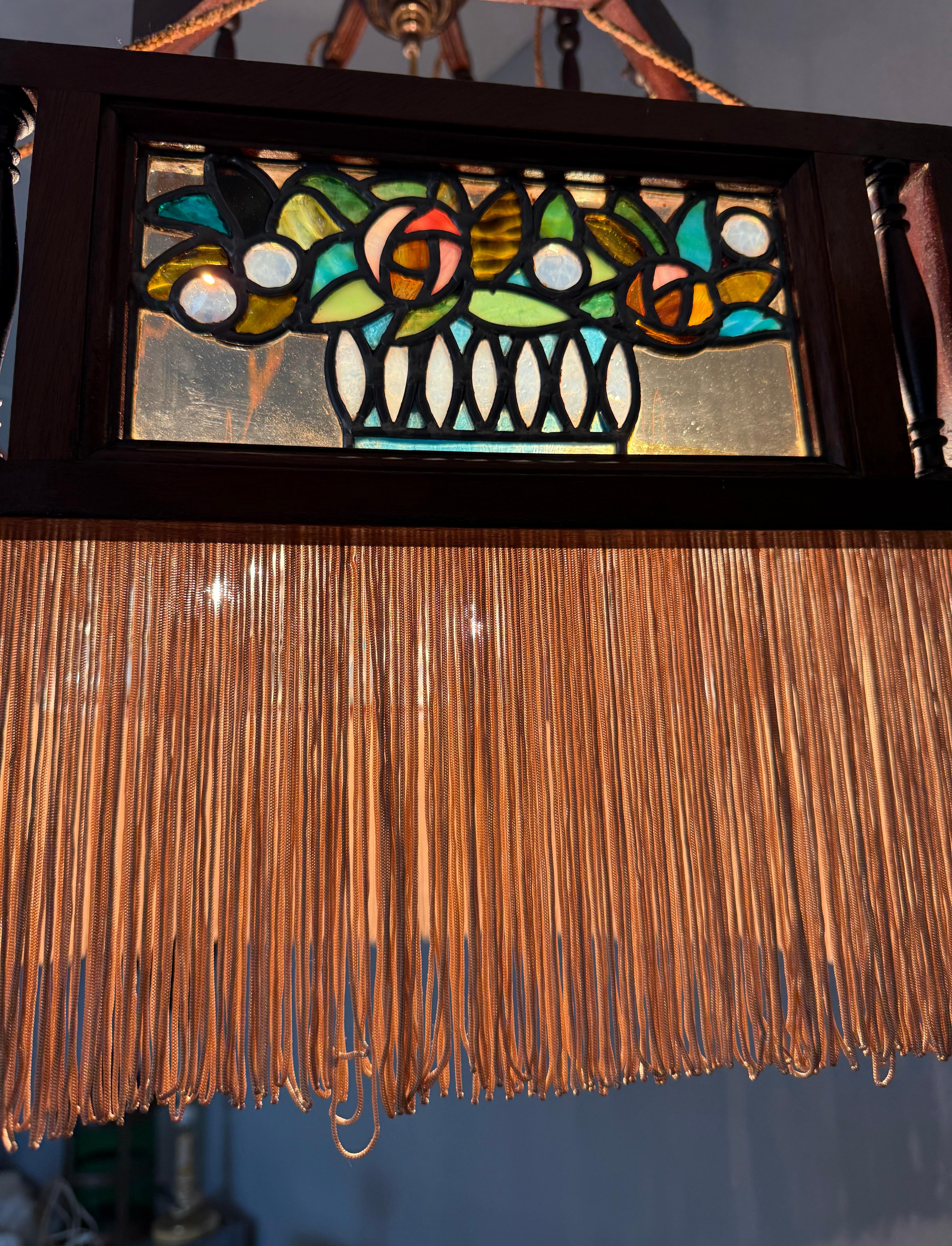 Rare Antiquité, Arts & Crafts Chandelier Pendentif w. Vitrail Mackintosh Rose en vente 9