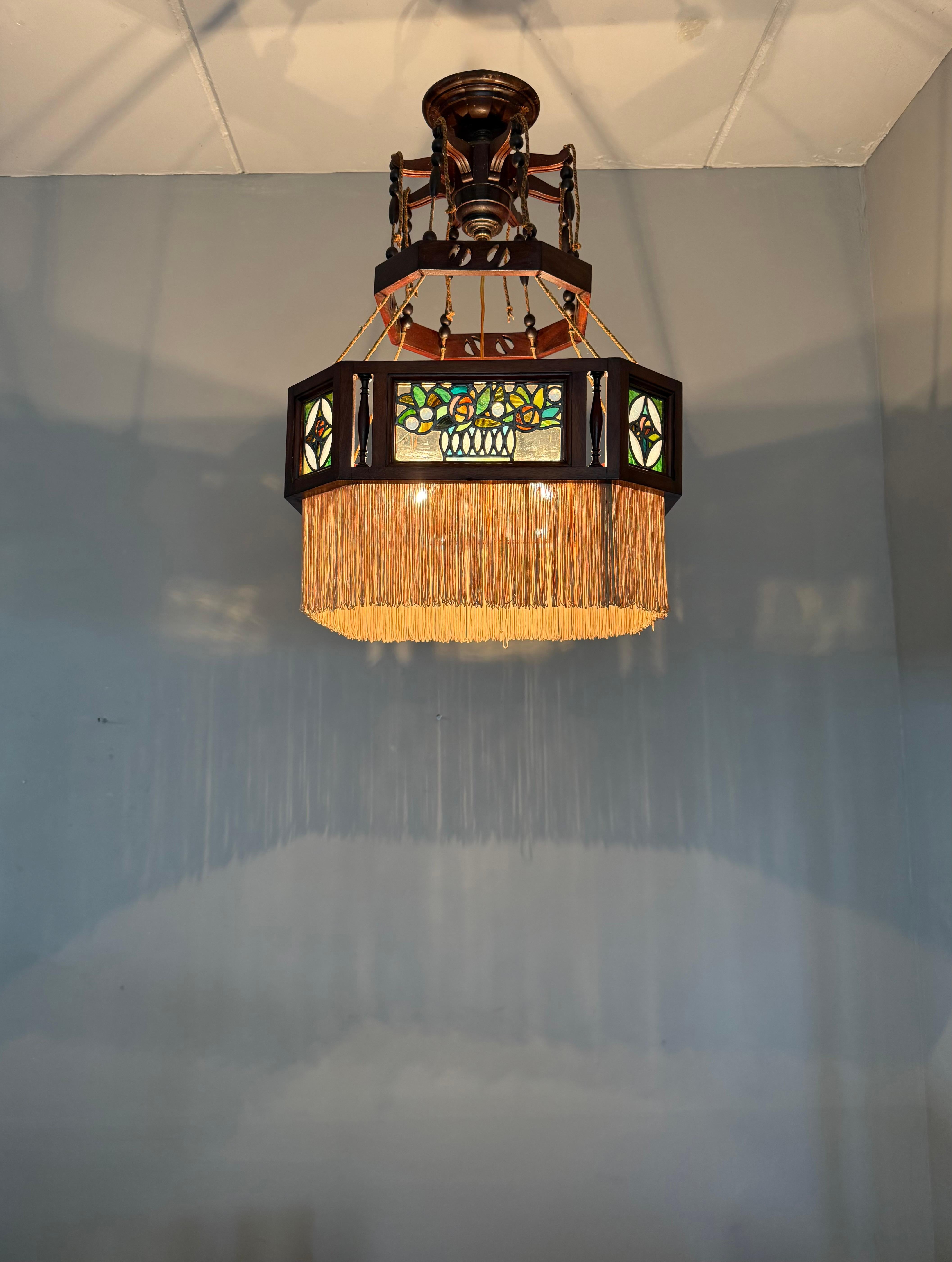 Rare Antiquité, Arts & Crafts Chandelier Pendentif w. Vitrail Mackintosh Rose en vente 11