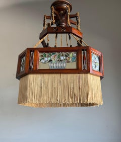 Rare Antique, Arts & Crafts Chandelier Pendant w. Mackintosh Rose Stained Glass