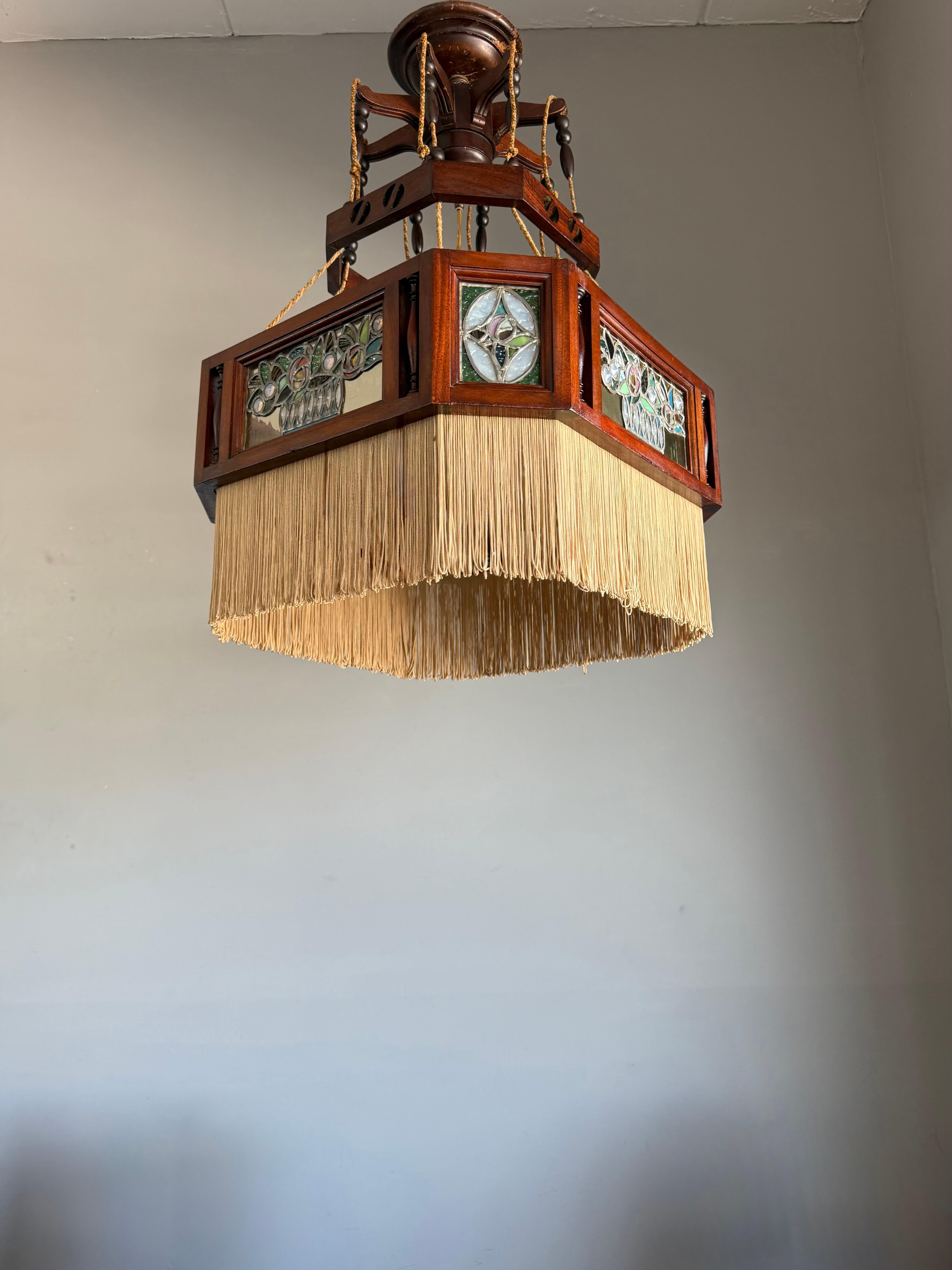 Rare Antiquité, Arts & Crafts Chandelier Pendentif w. Vitrail Mackintosh Rose en vente 12