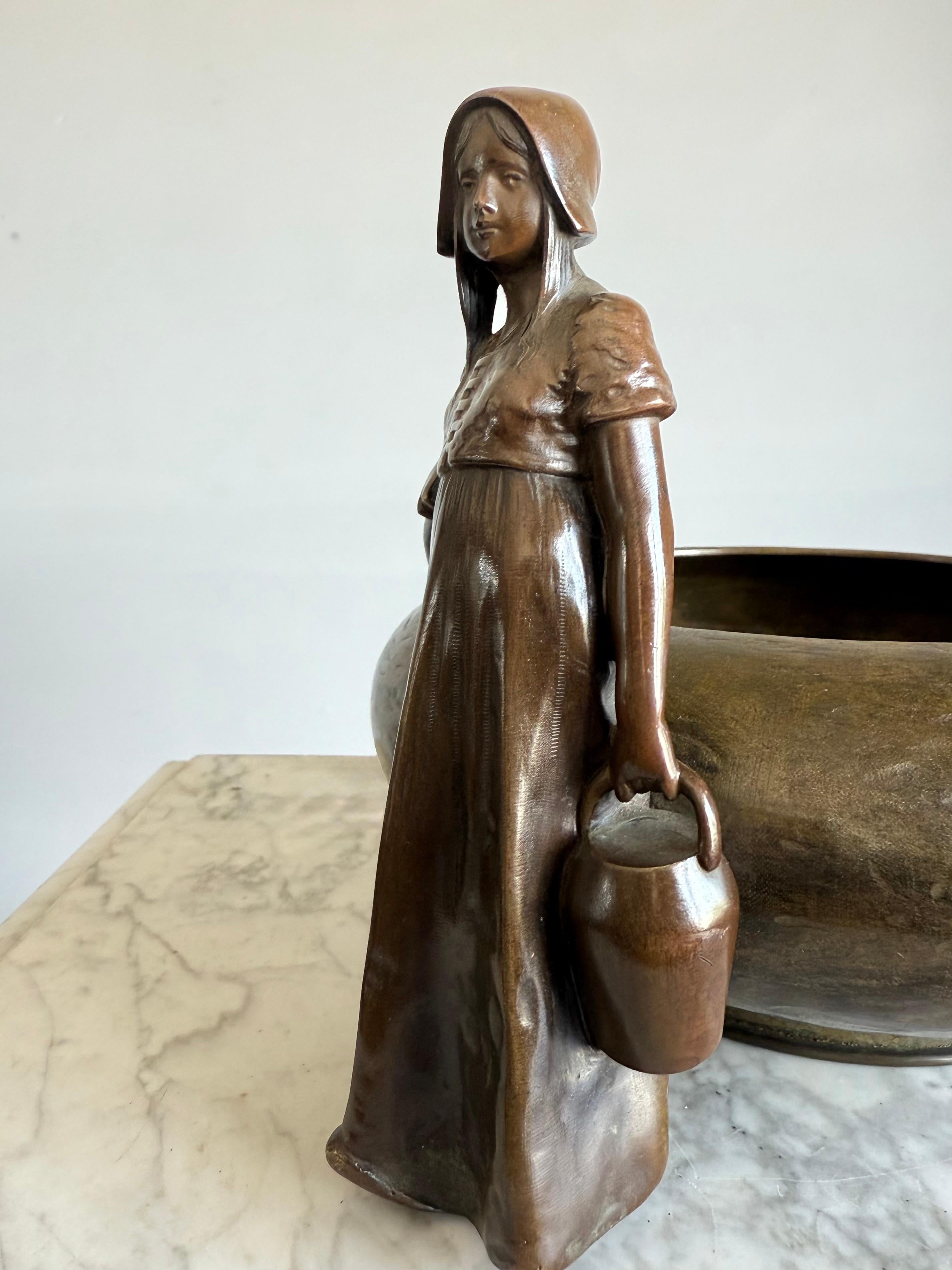 Rare Antique Austrian Bronze Jardinière with Country Girl Figure, Jugendstil Era For Sale 9