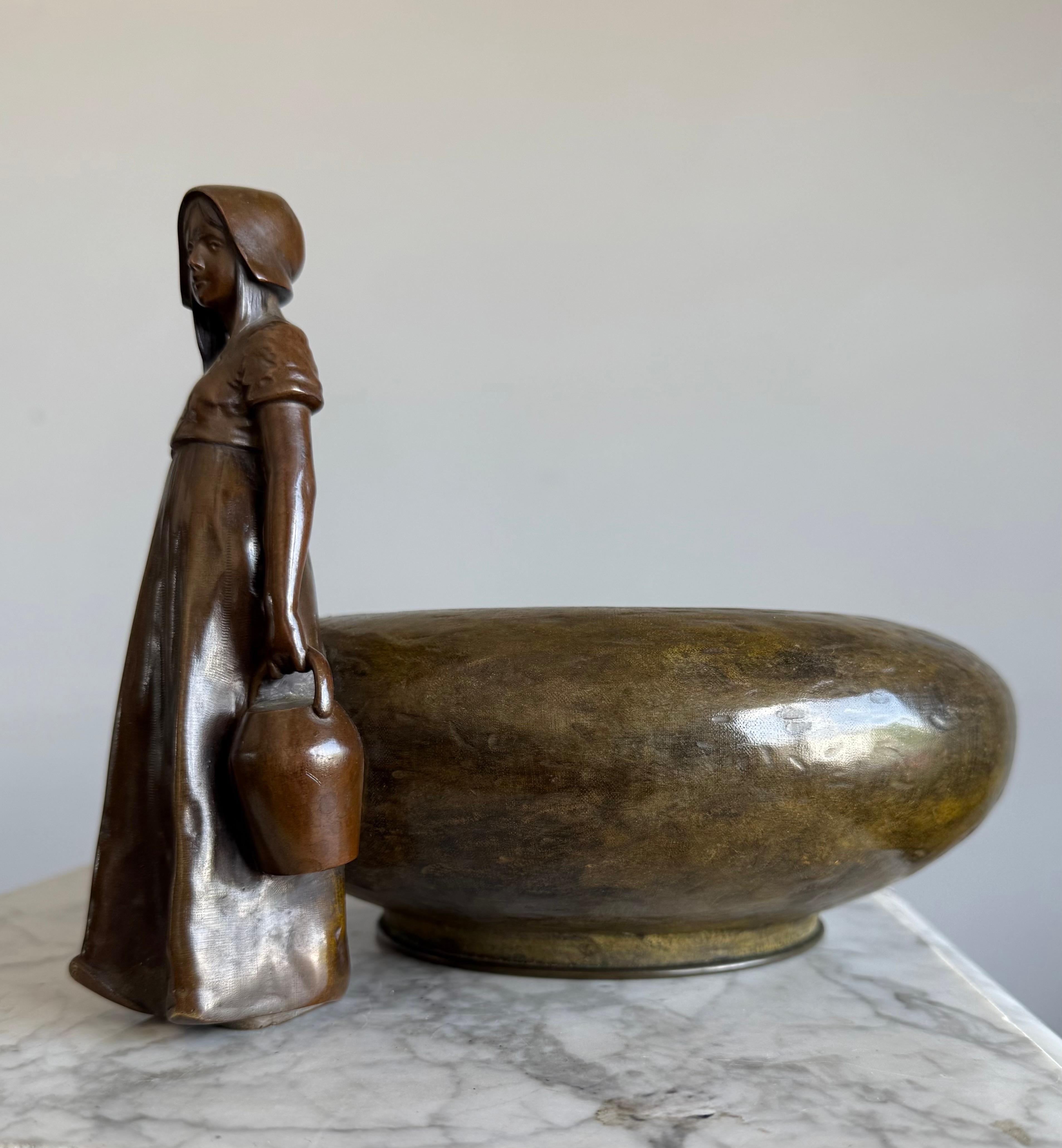 Rare Antique Austrian Bronze Jardinière with Country Girl Figure, Jugendstil Era For Sale 11
