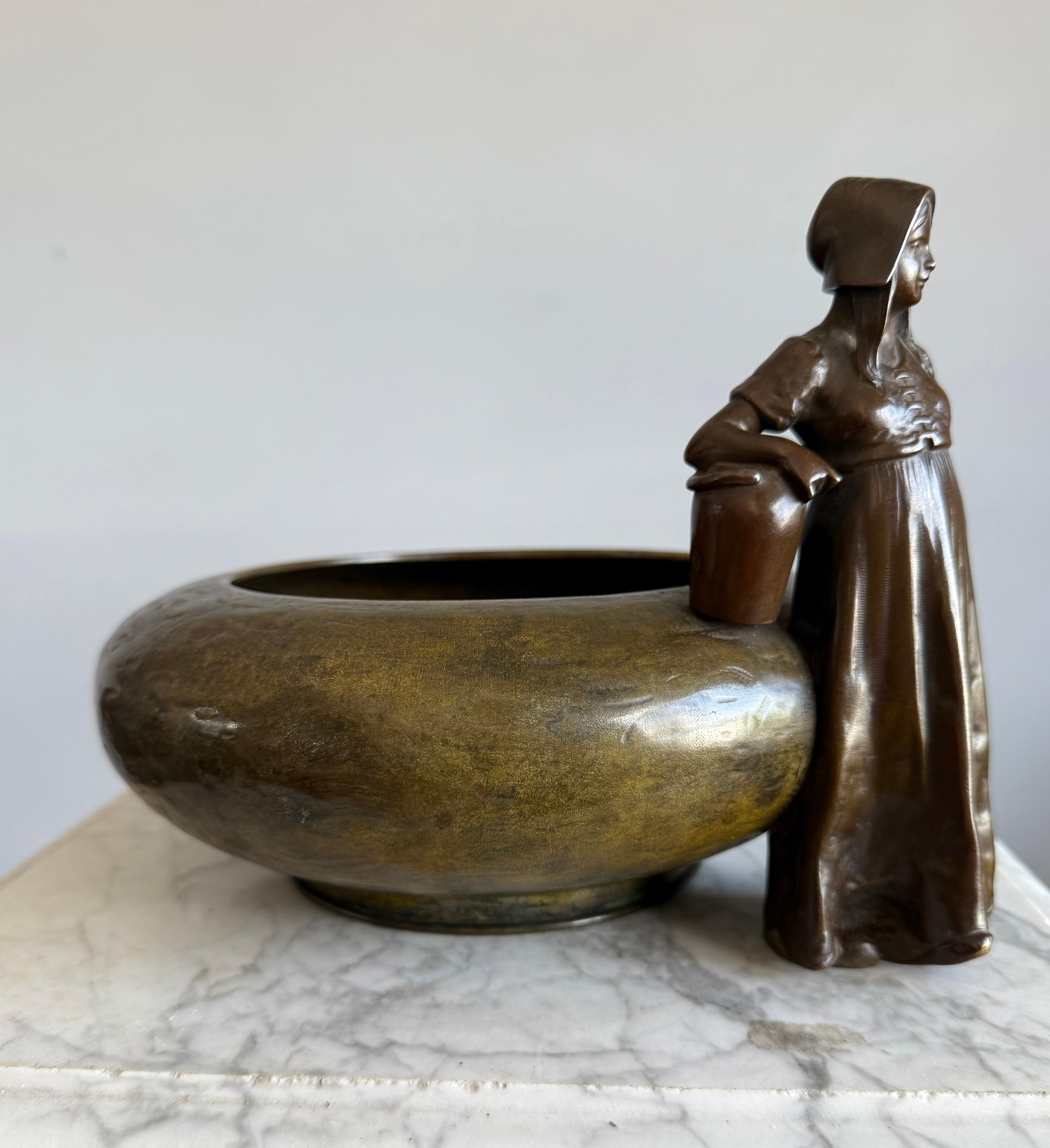 Arts and Crafts Rare Antique Austrian Bronze Jardinière with Country Girl Figure, Jugendstil Era For Sale