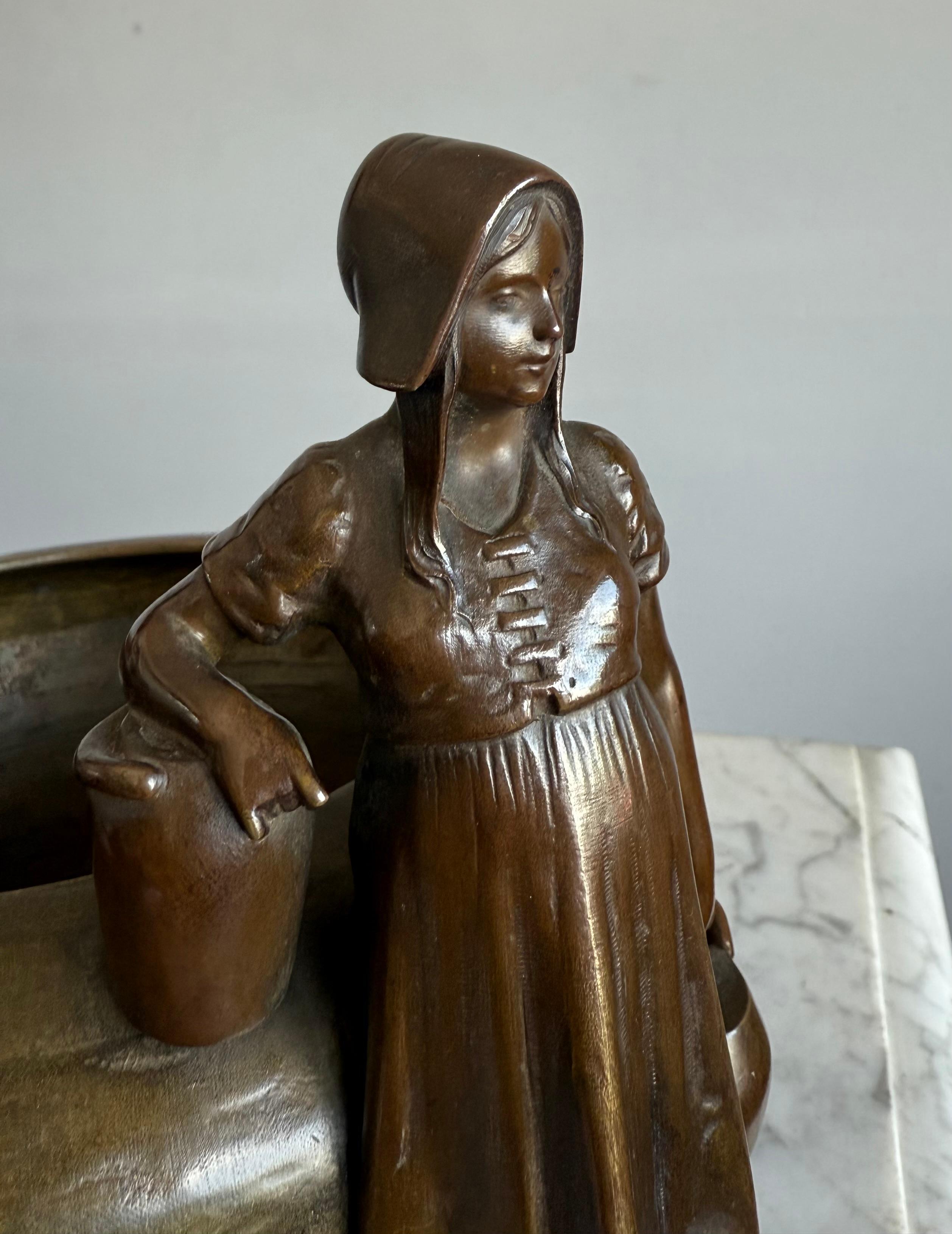 Cast Rare Antique Austrian Bronze Jardinière with Country Girl Figure, Jugendstil Era For Sale