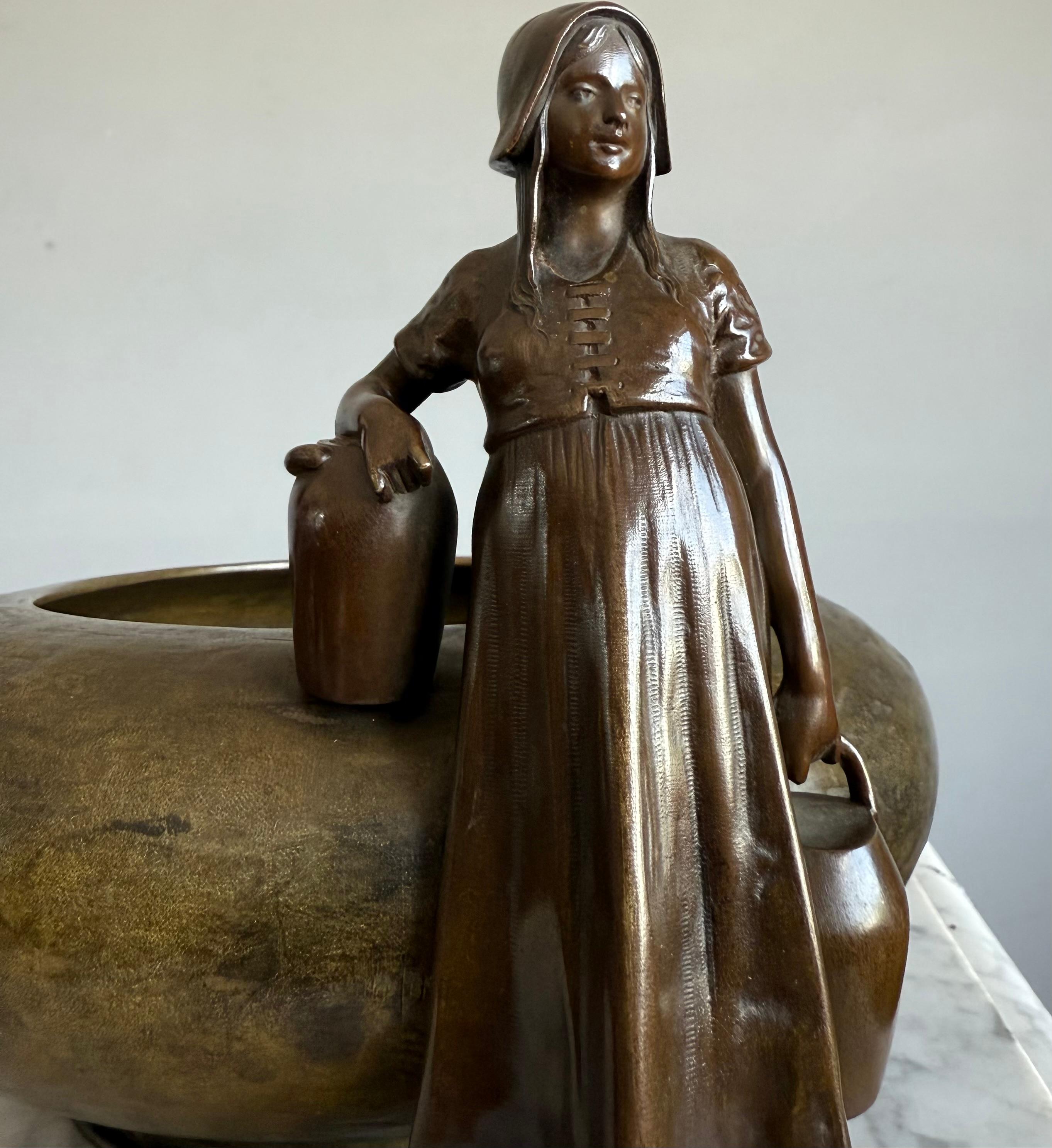 Rare Antique Austrian Bronze Jardinière with Country Girl Figure, Jugendstil Era For Sale 3