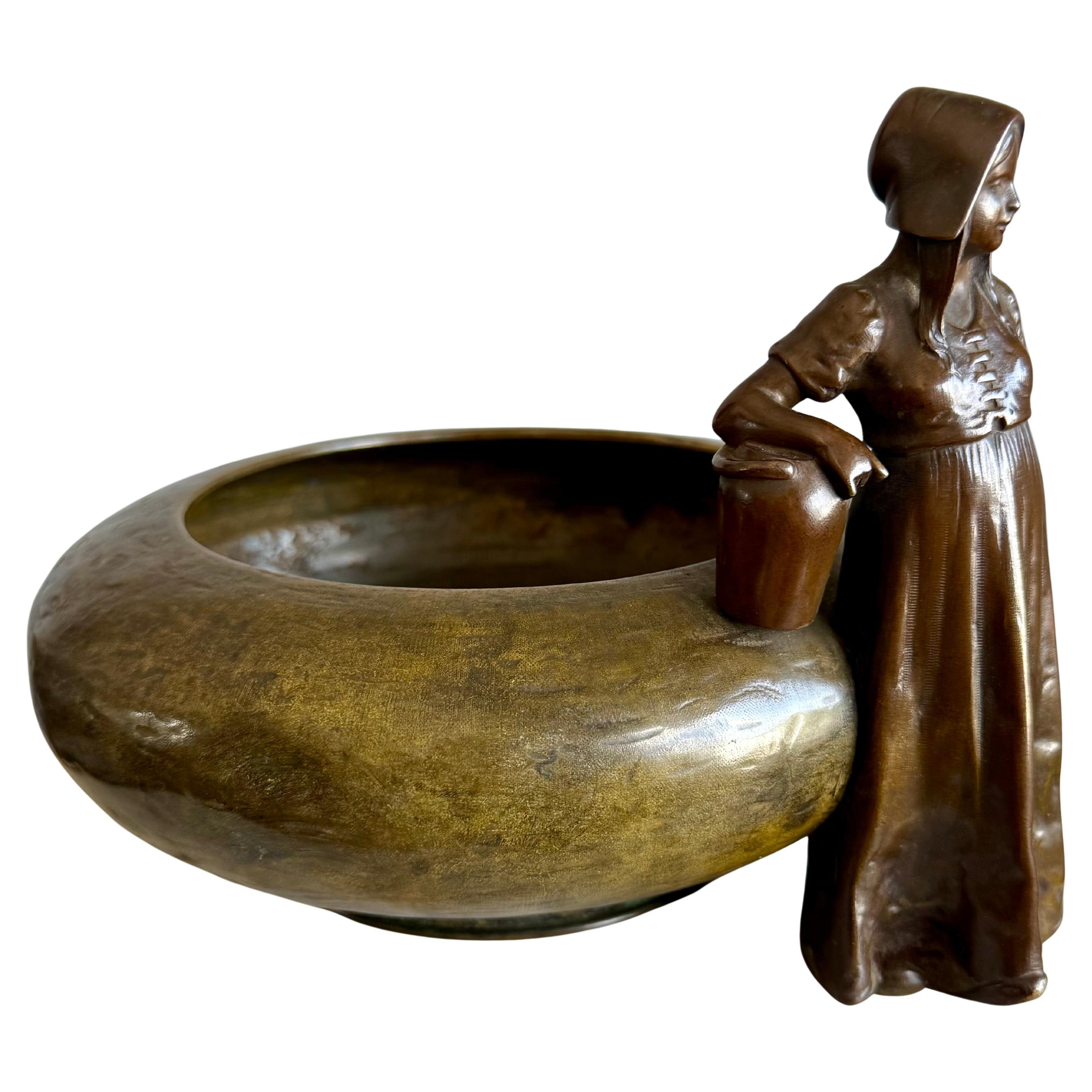Rare Antique Austrian Bronze Jardinière with Country Girl Figure, Jugendstil Era For Sale