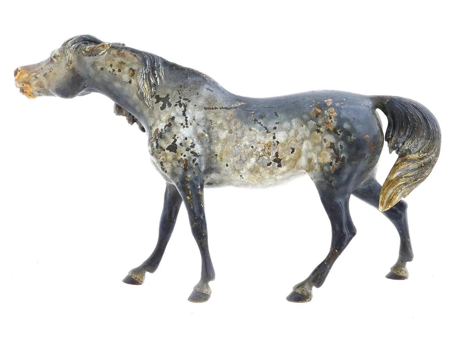 A rare antique Austrian Vienna Bronze Arabian horse sculpture. Circa the late 19th to early 20th century. The sculpture represents a painted smoky grey horse in a dynamic pose. Unmarked. Antique Highly Collectible Viennese Bronze Figures, Figurines,