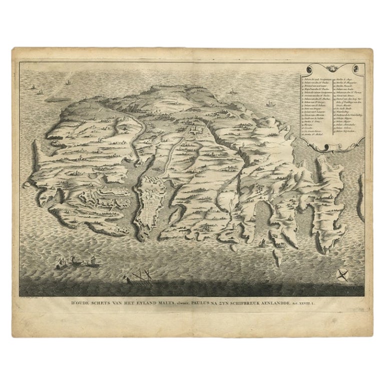 Rara mappa antica a volo d'uccello dell'isola di Malta, 1729
