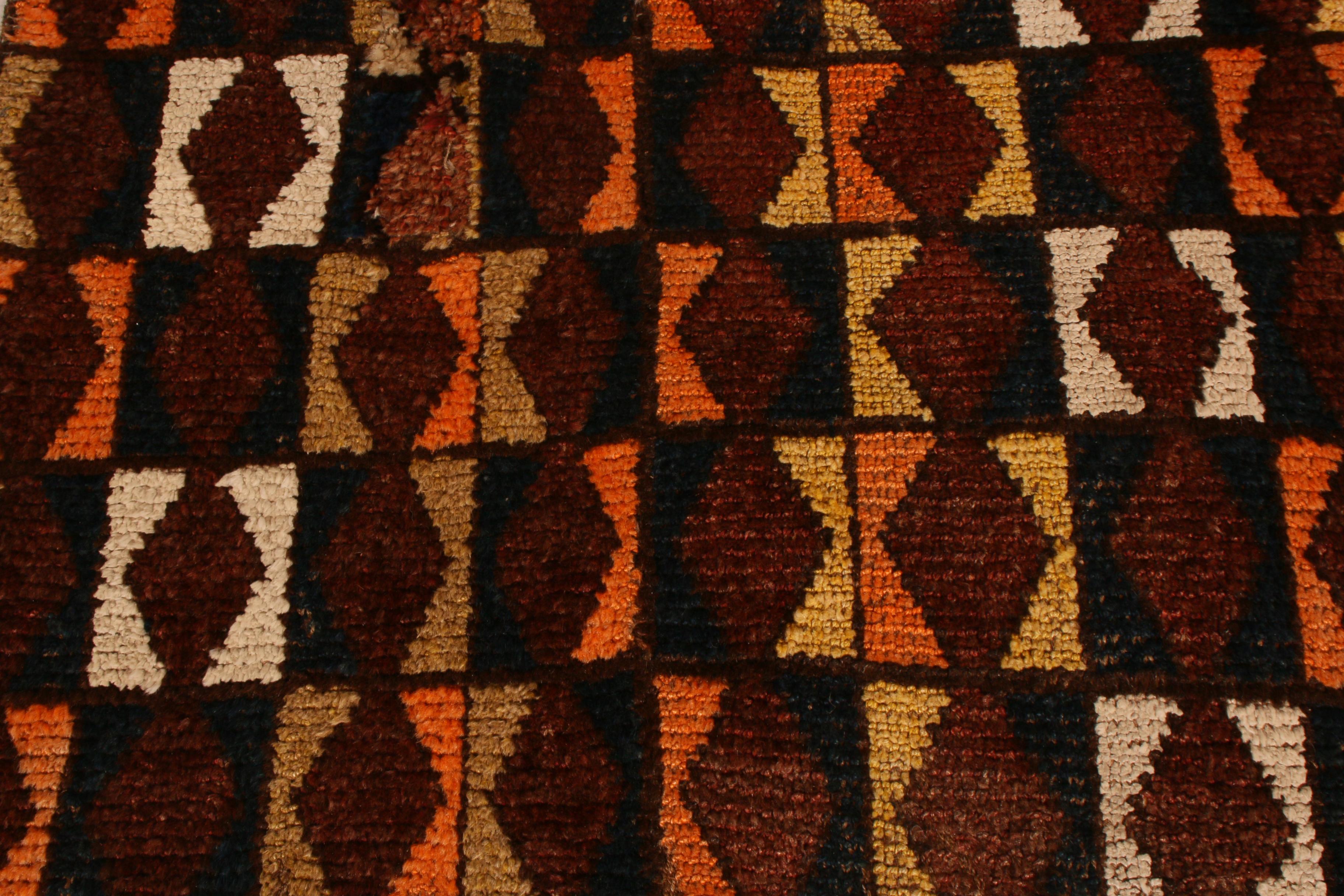 Hand-Knotted Rare Antique Black Brown Diamond Geometric Wool Iraq Runner Rug