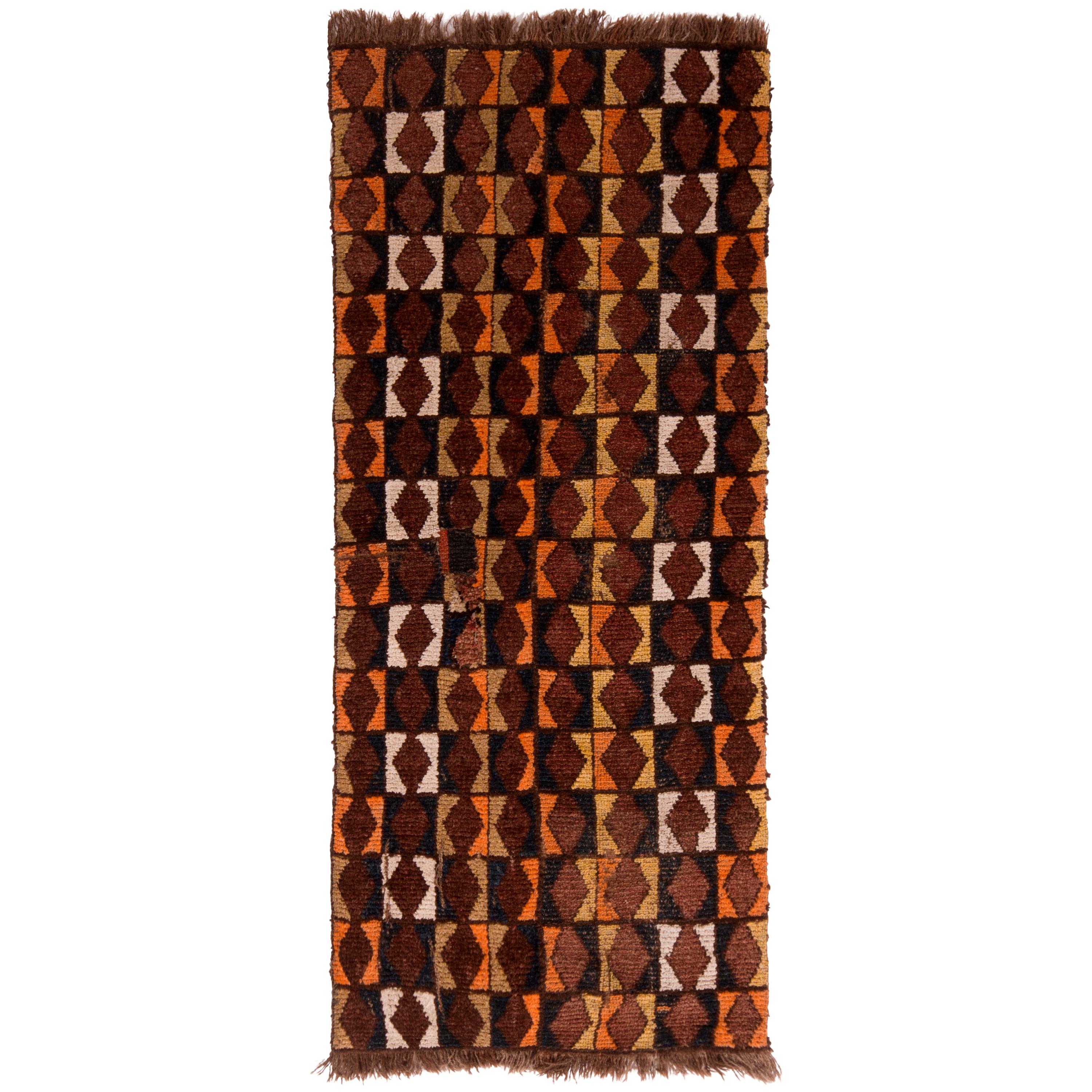 Rare Antique Black Brown Diamond Geometric Wool Iraq Runner Rug