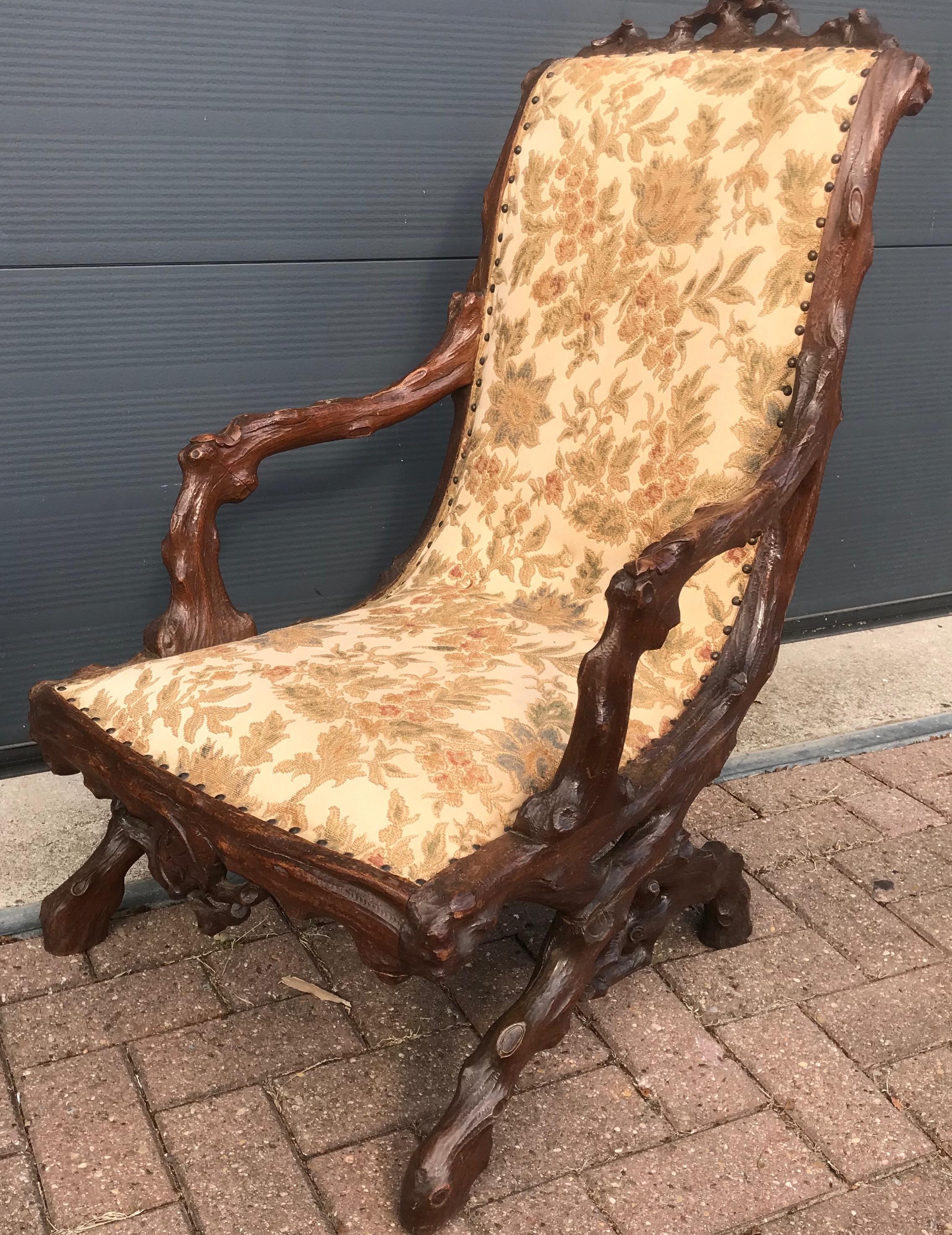 Rare Antique Black Forest Nutwood Armchair / Fauteuil by Horrix with Upholstery 6