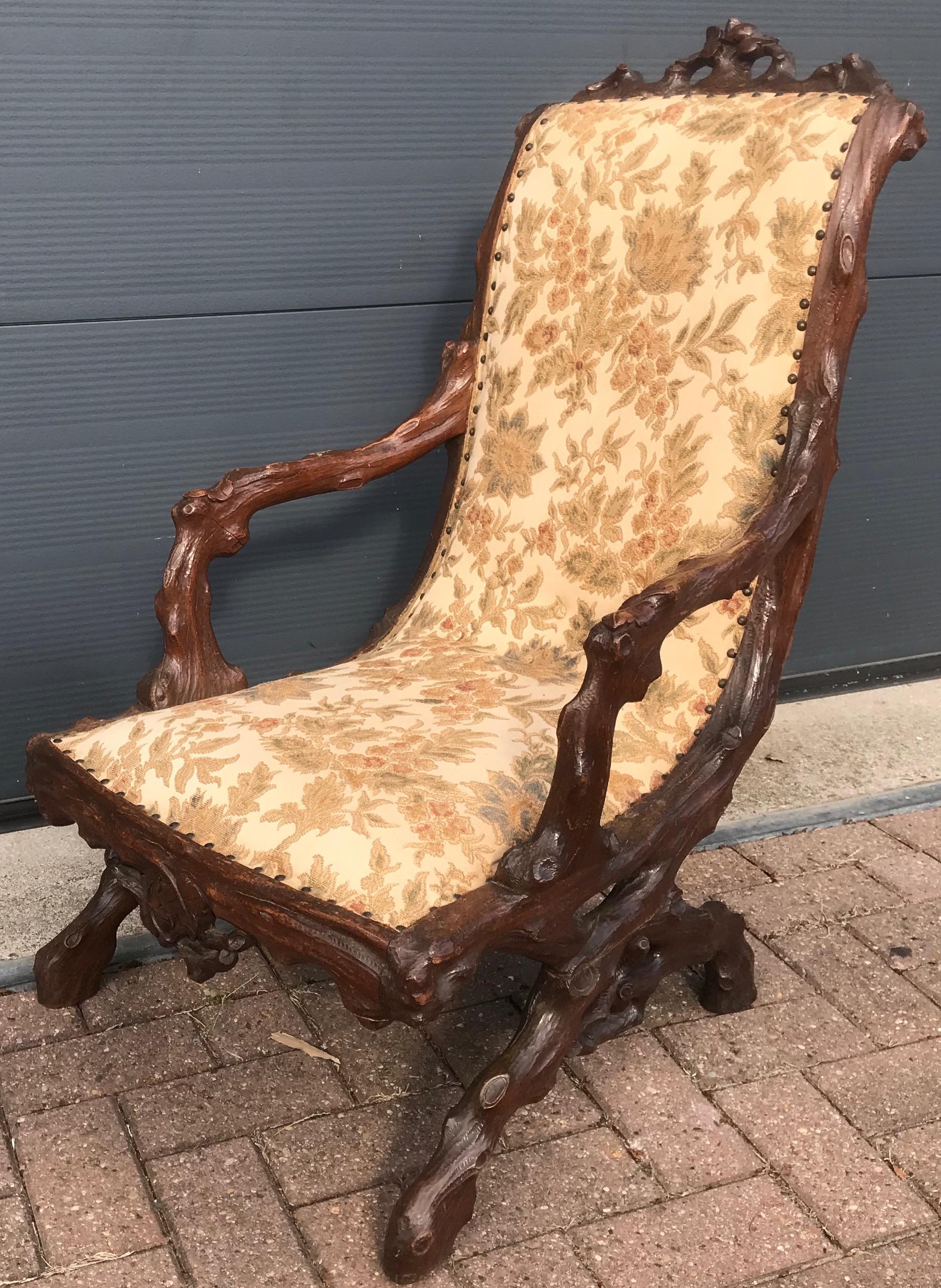 Hand-Carved Rare Antique Black Forest Nutwood Armchair / Fauteuil by Horrix with Upholstery