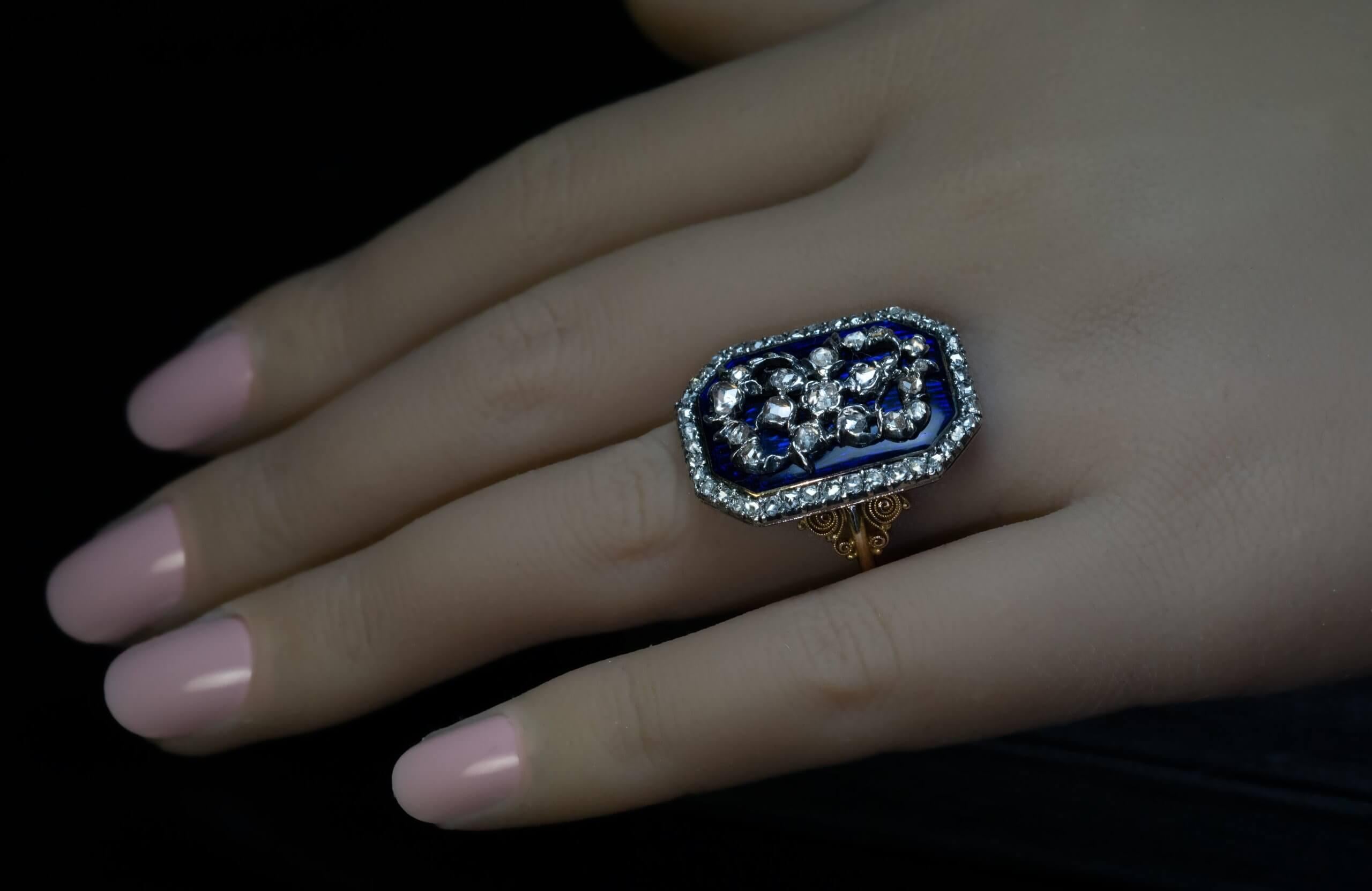 Georgian Rare Antique Blue Enamel Diamond Ring c. 1780
