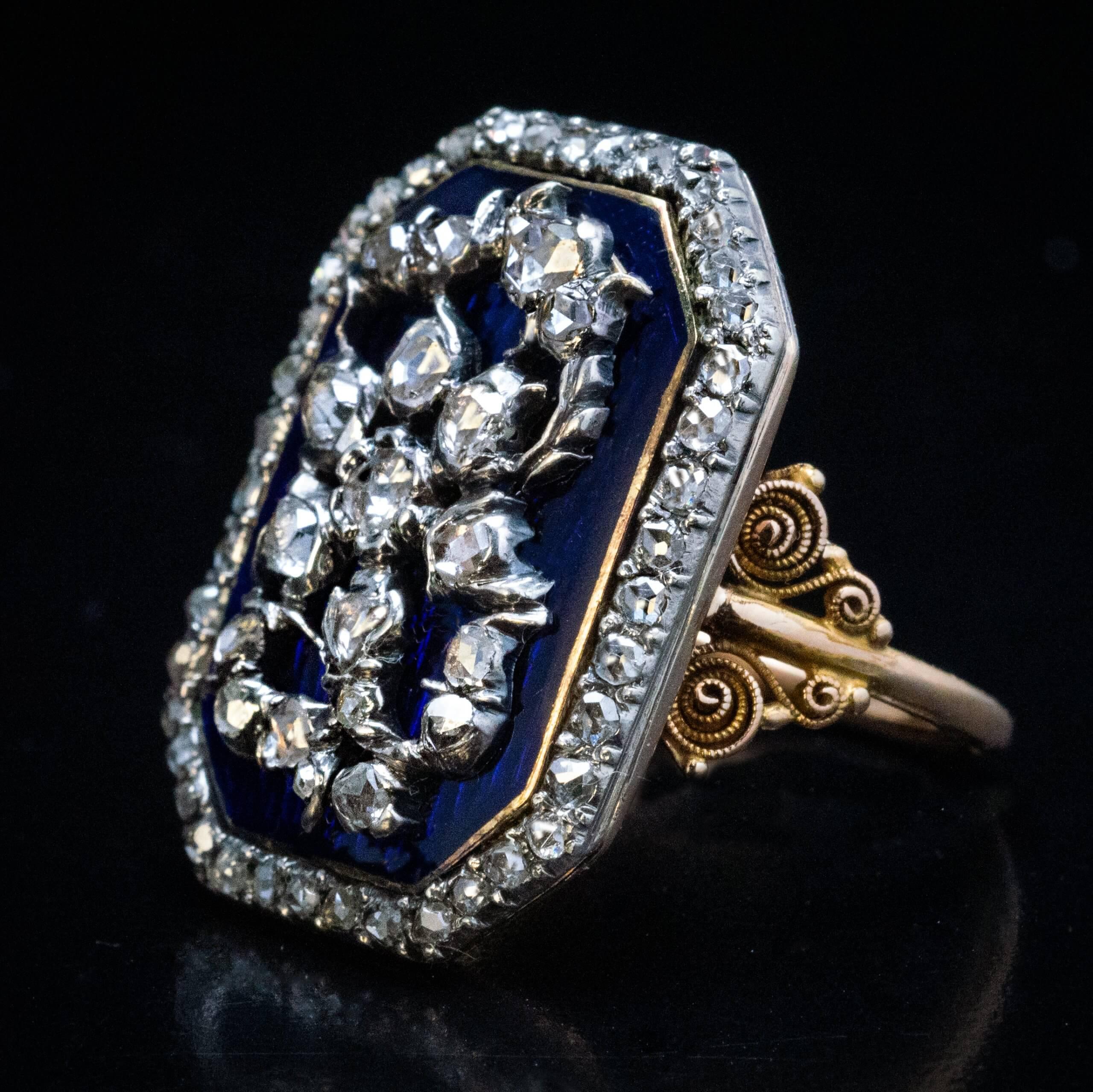 Rare Antique Blue Enamel Diamond Ring c. 1780 In Excellent Condition In Chicago, IL