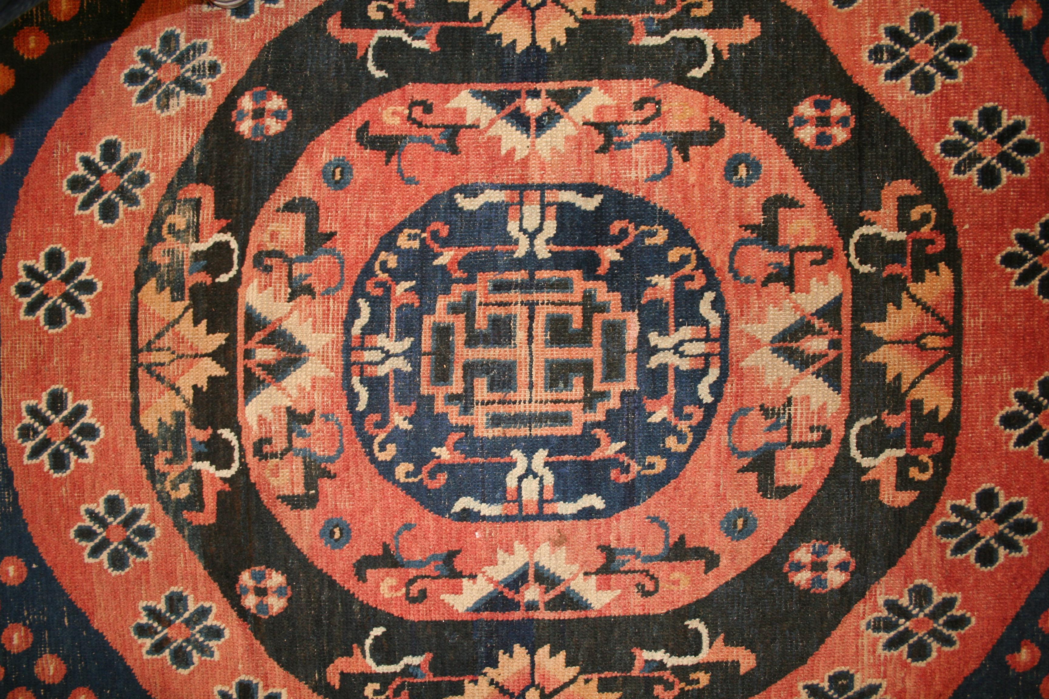 East Turkestani Rare Antique Blue Kansu Oversize Carpet with Mandala Roundel and Infinite Discs For Sale