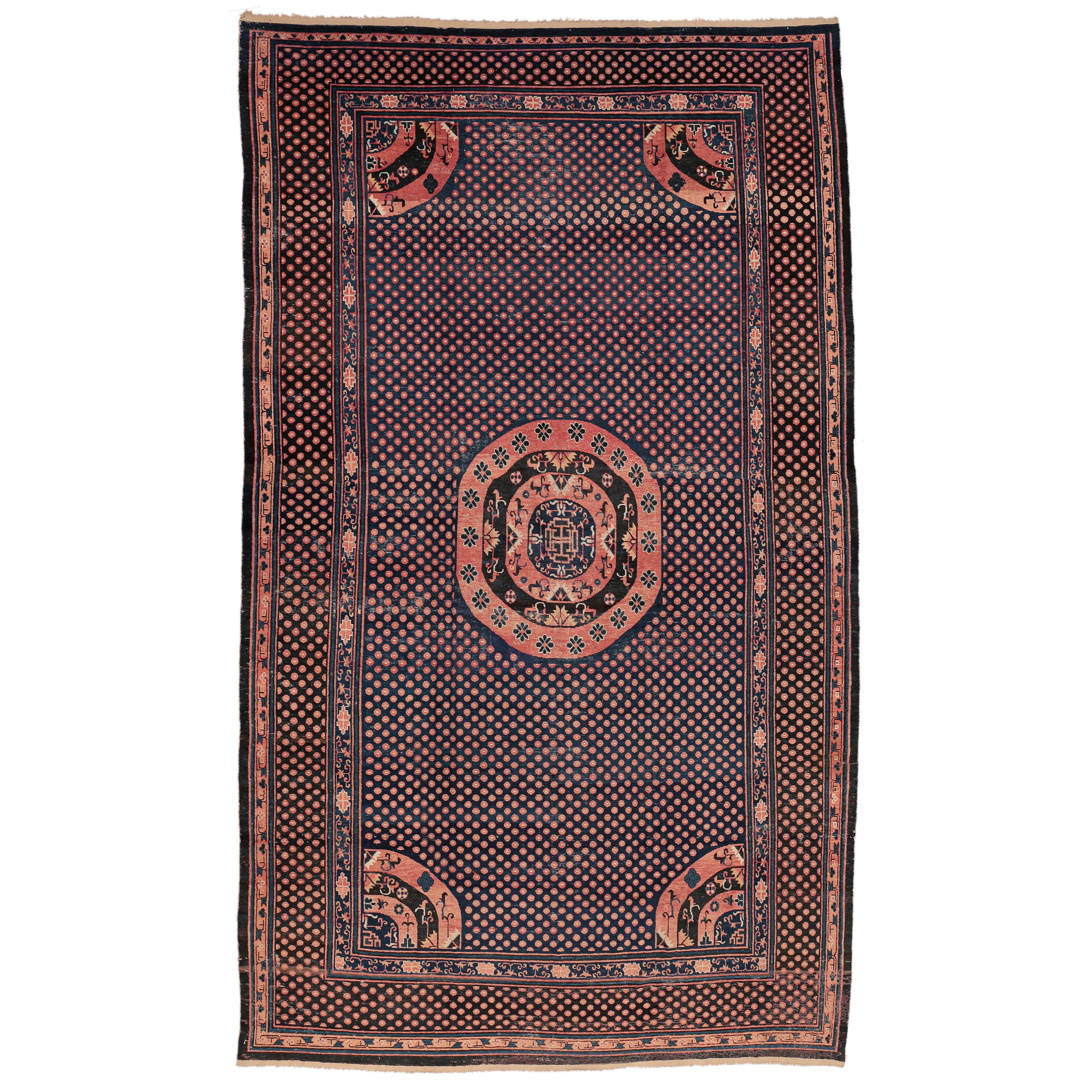 Wool Rare Antique Blue Kansu Oversize Carpet with Mandala Roundel and Infinite Discs For Sale