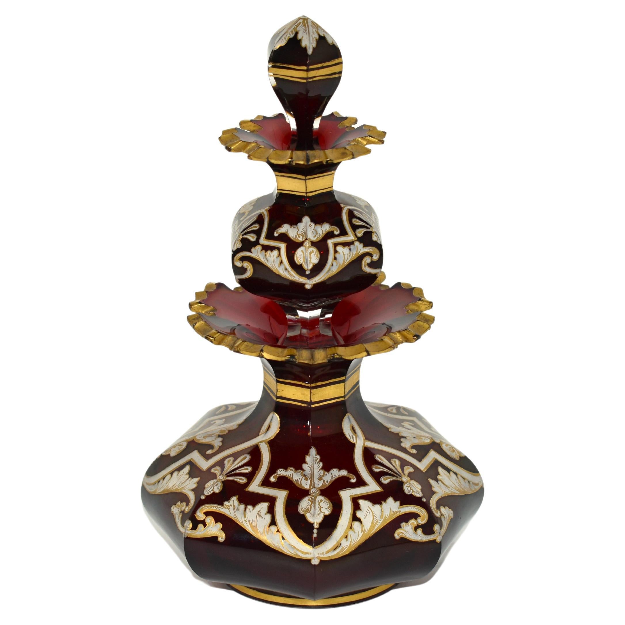 Enameled RARE Antique Bohemian Ruby Glass Double Perfume Bottle, Flacon, Decanter 19th C For Sale