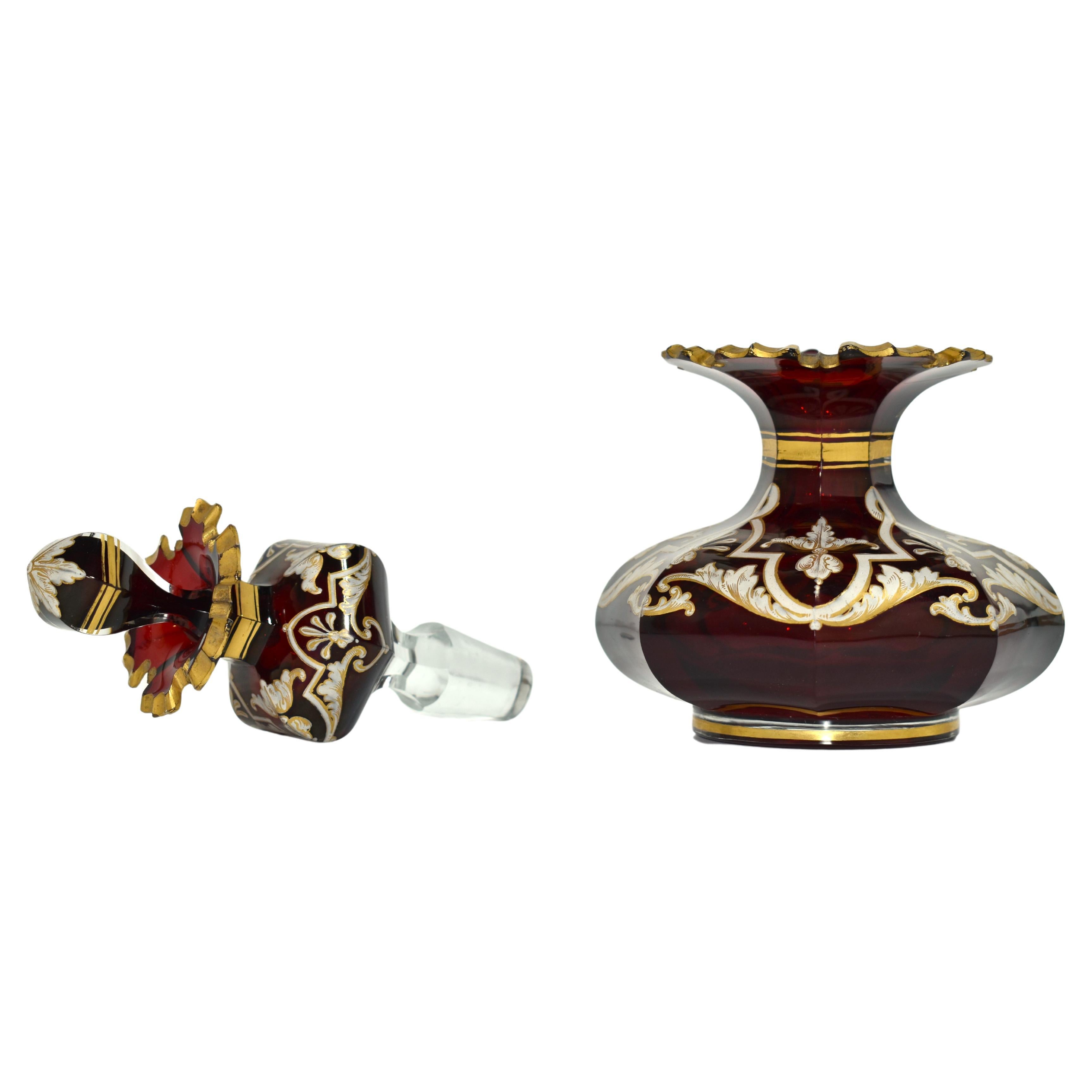 19th Century RARE Antique Bohemian Ruby Glass Double Perfume Bottle, Flacon, Decanter 19th C For Sale