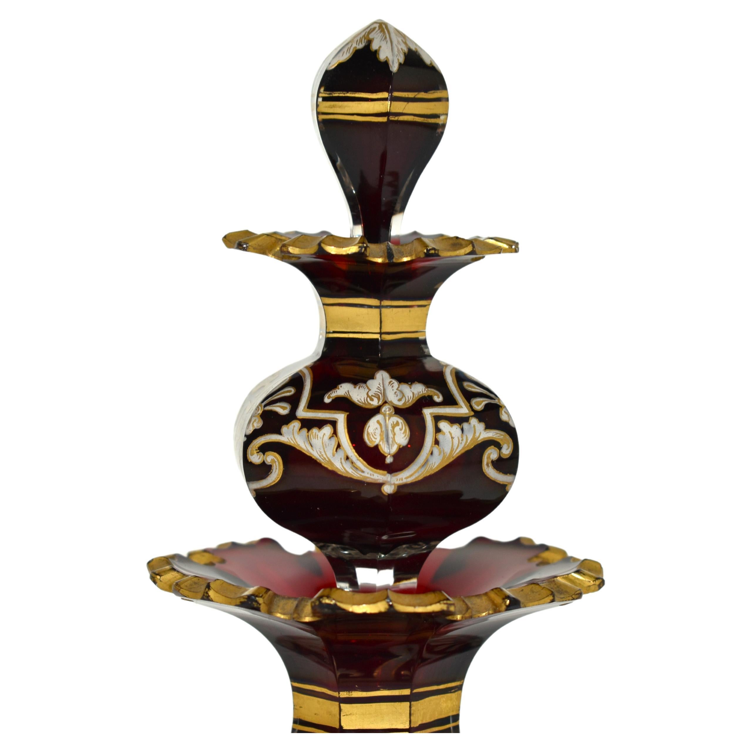 Enamel RARE Antique Bohemian Ruby Glass Double Perfume Bottle, Flacon, Decanter 19th C For Sale