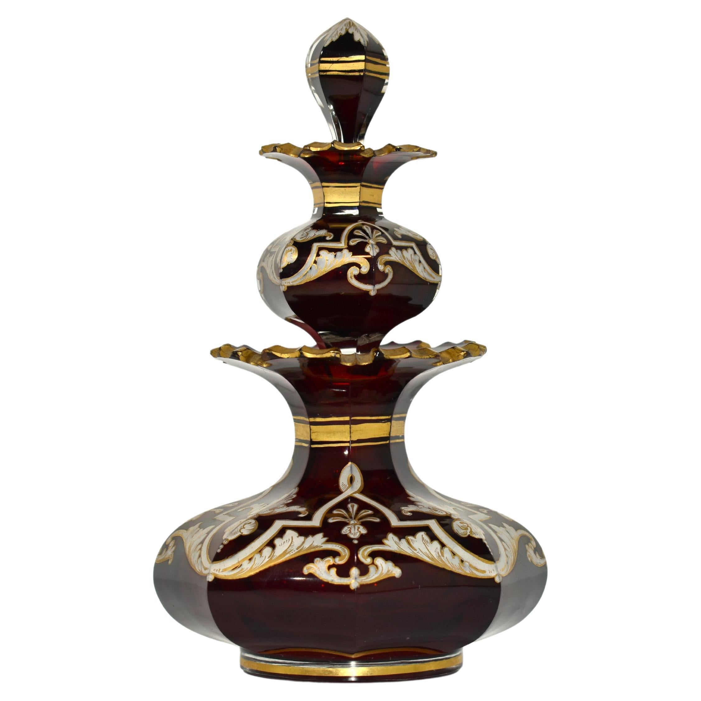 RARO frasco de perfume doble, frasco y decantador antiguos de cristal de rubí de Bohemia del siglo XIX