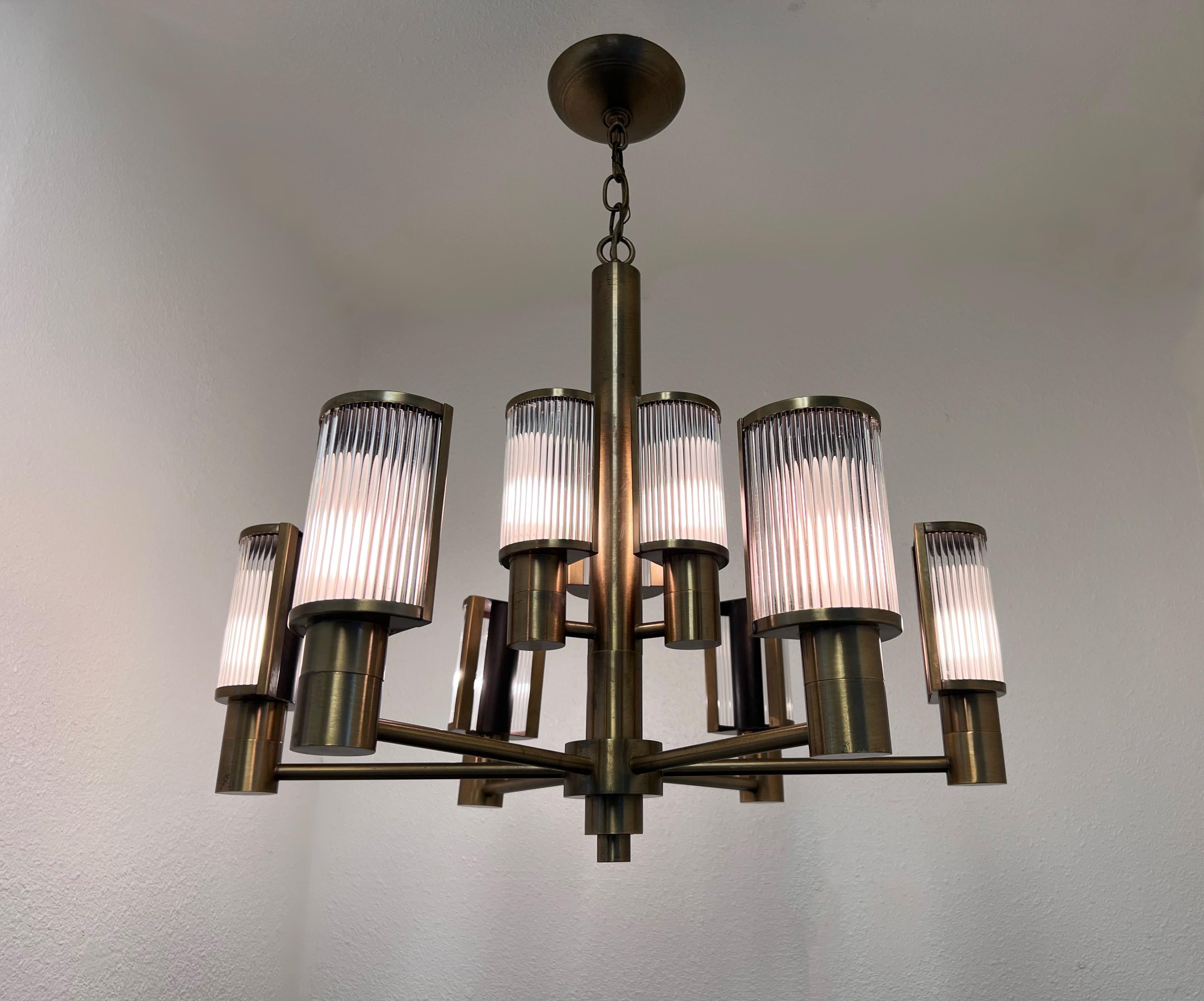 Modern Rare Antique Brass & Glass Chandelier by Casella Lighting  For Sale