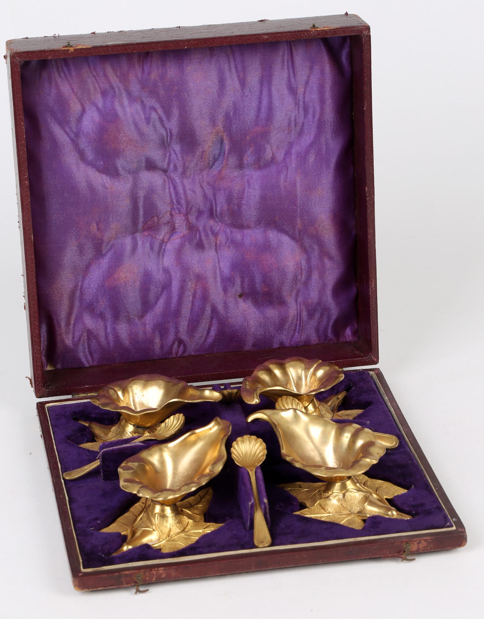 Rare Antique British Boxed Set Four Gilded Metal Floral Salts & Spoons For Sale 14