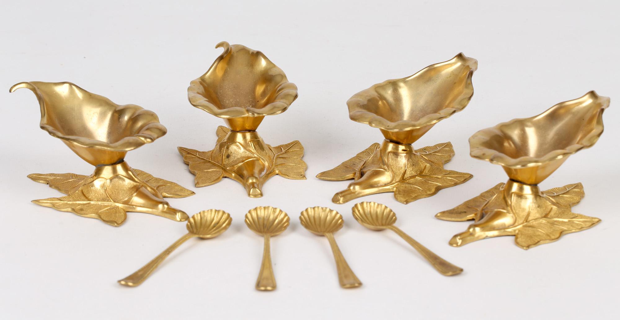 Late 19th Century Rare Antique British Boxed Set Four Gilded Metal Floral Salts & Spoons For Sale