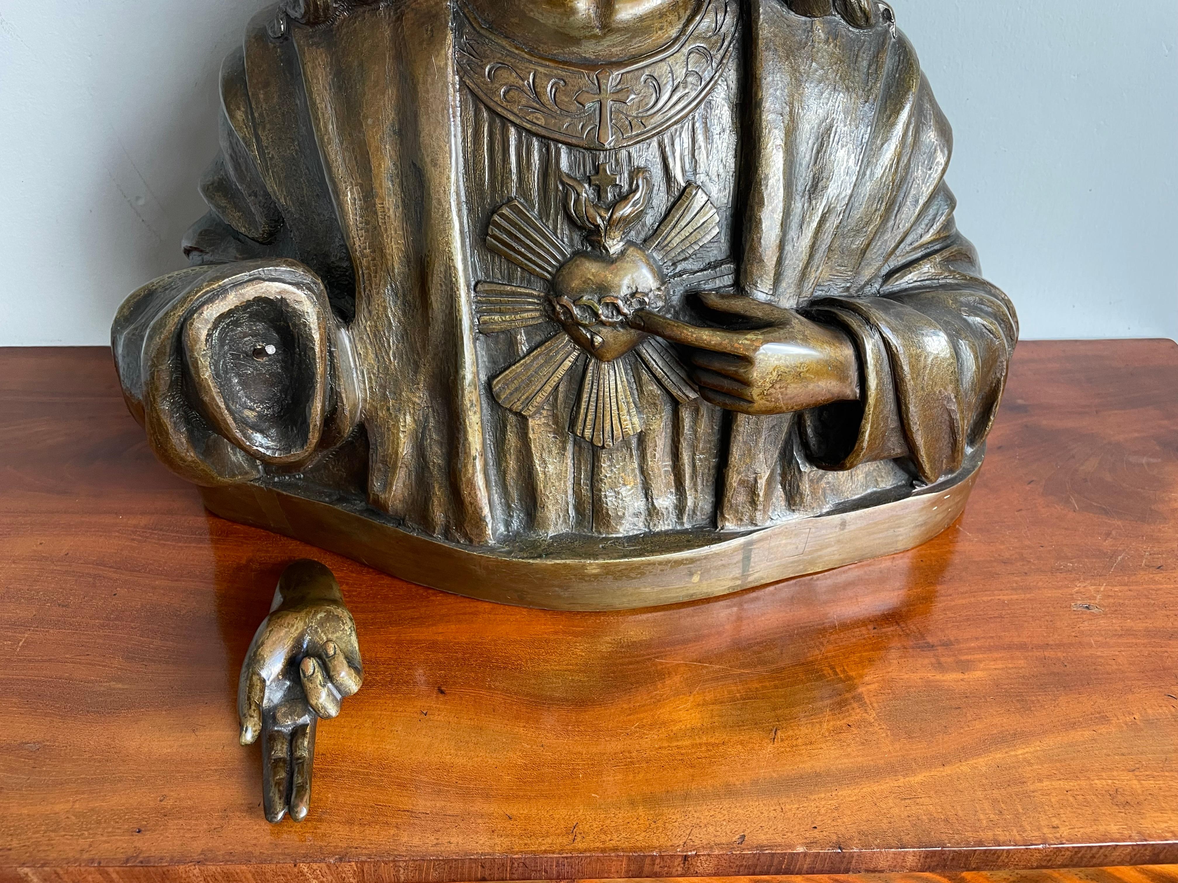 Rare Antique Bronze Holy Heart Sculpture / Bust of Our Lord Jesus Christ 1920 For Sale 3