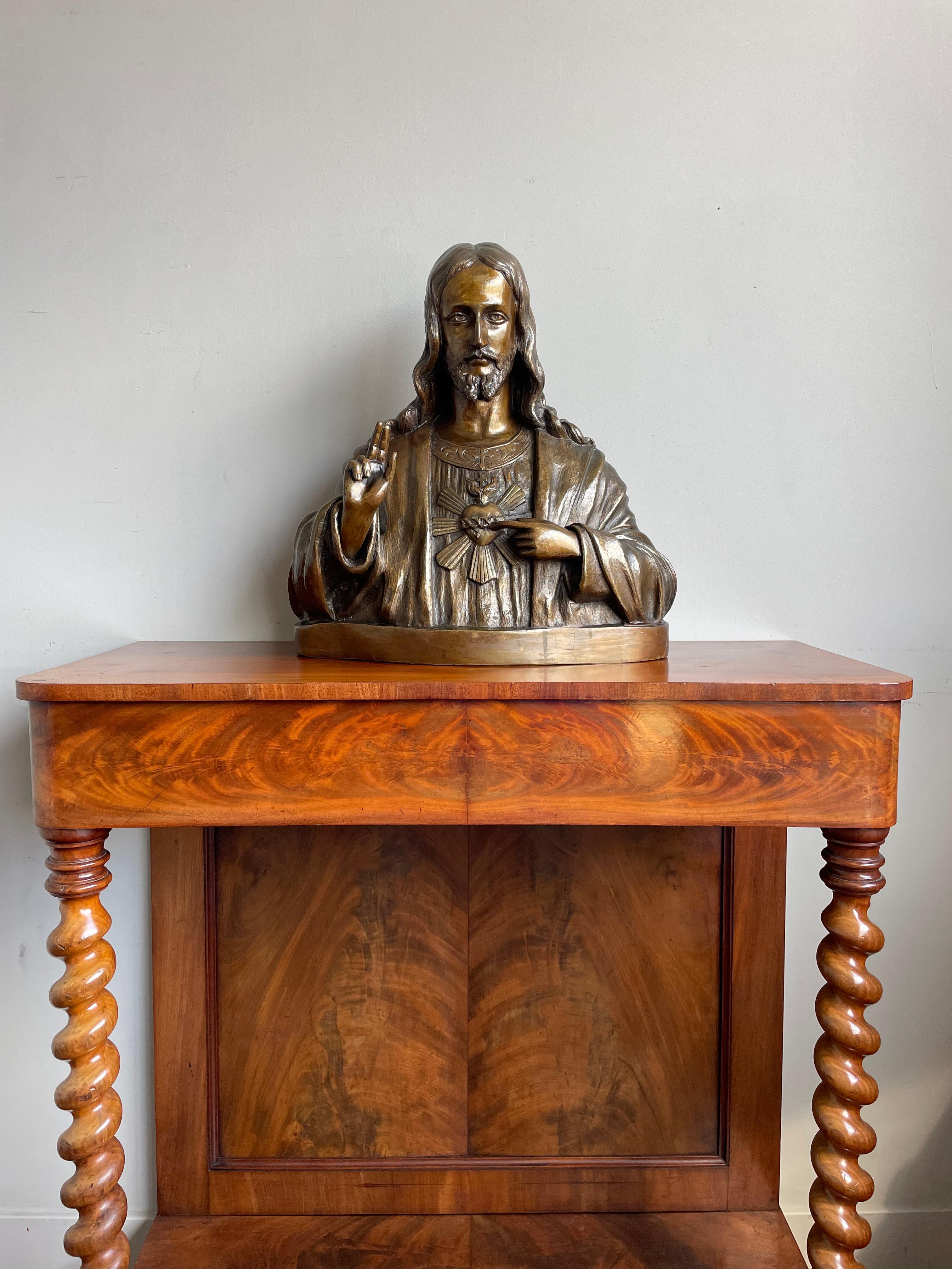Rare and large antique bronze sculpture of our Lord Jesus.

This gorgeous and sizeable bronze sculpture is another one of our recent great finds. We have never seen a bronze holy heart sculpture of this large size and with these beautiful details.