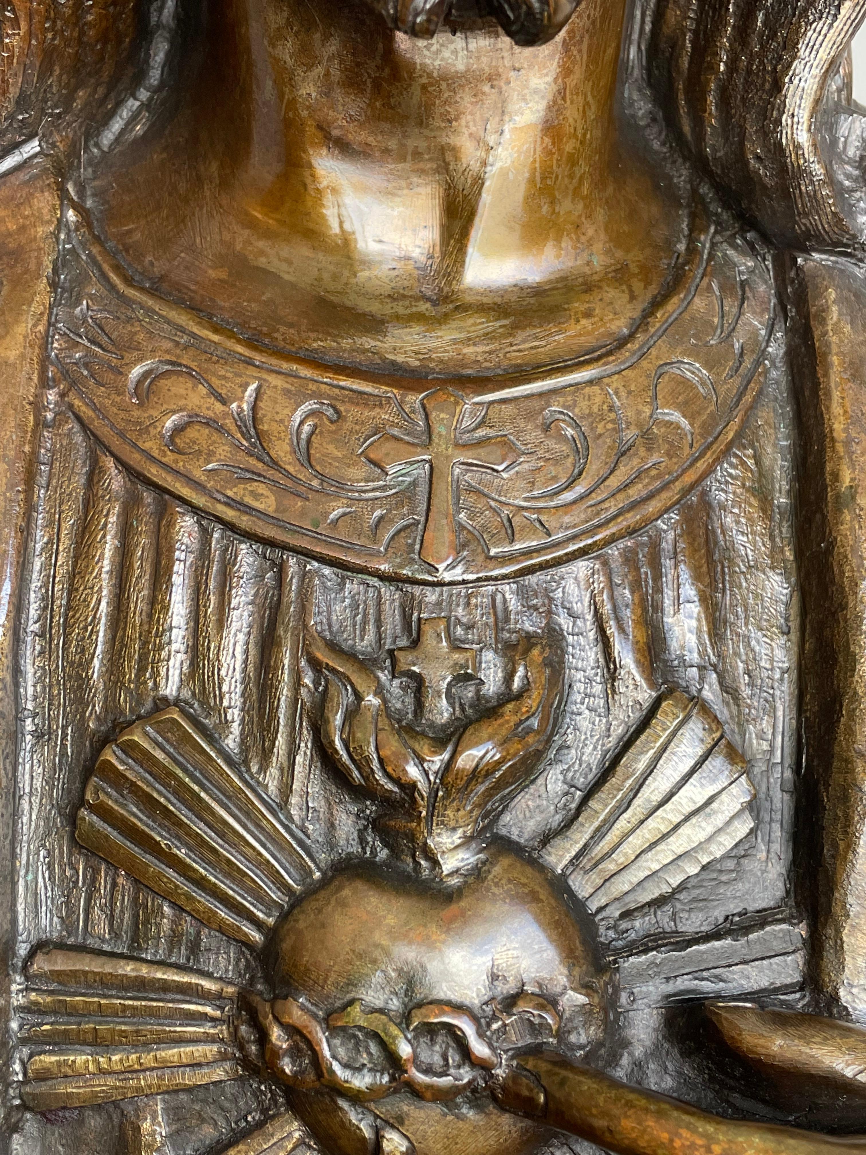 Rare Sculpture en bronze antique du Saint Coeur / Buste de Notre Seigneur Jésus Christ 1920 en vente 12