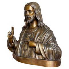 Rare Sculpture en bronze antique du Saint Coeur / Buste de Notre Seigneur Jésus Christ 1920