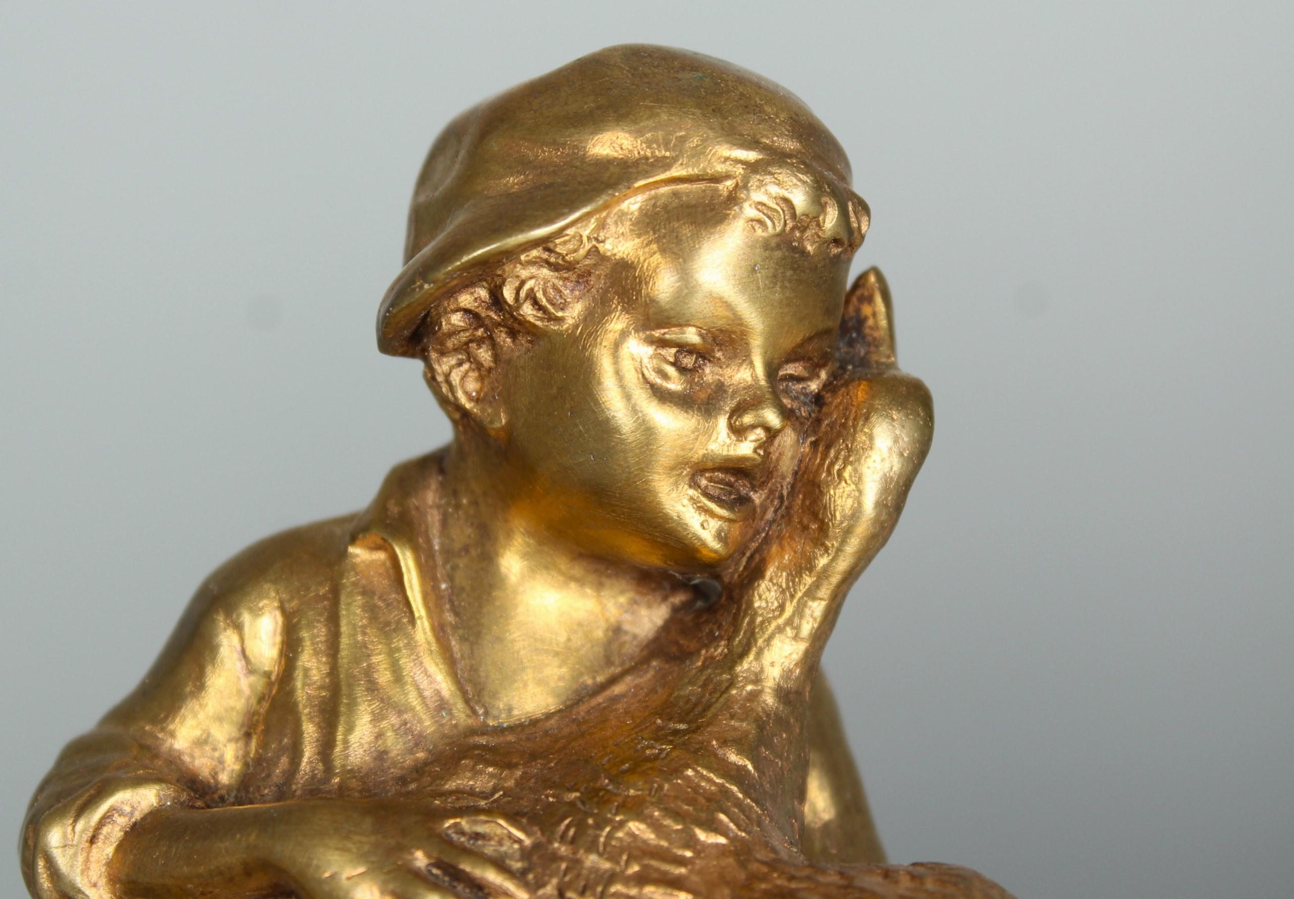 Rare encrier en bronze ancien de Joseph D'Ate (1881-1945), jeune garçon et oie en vente 4