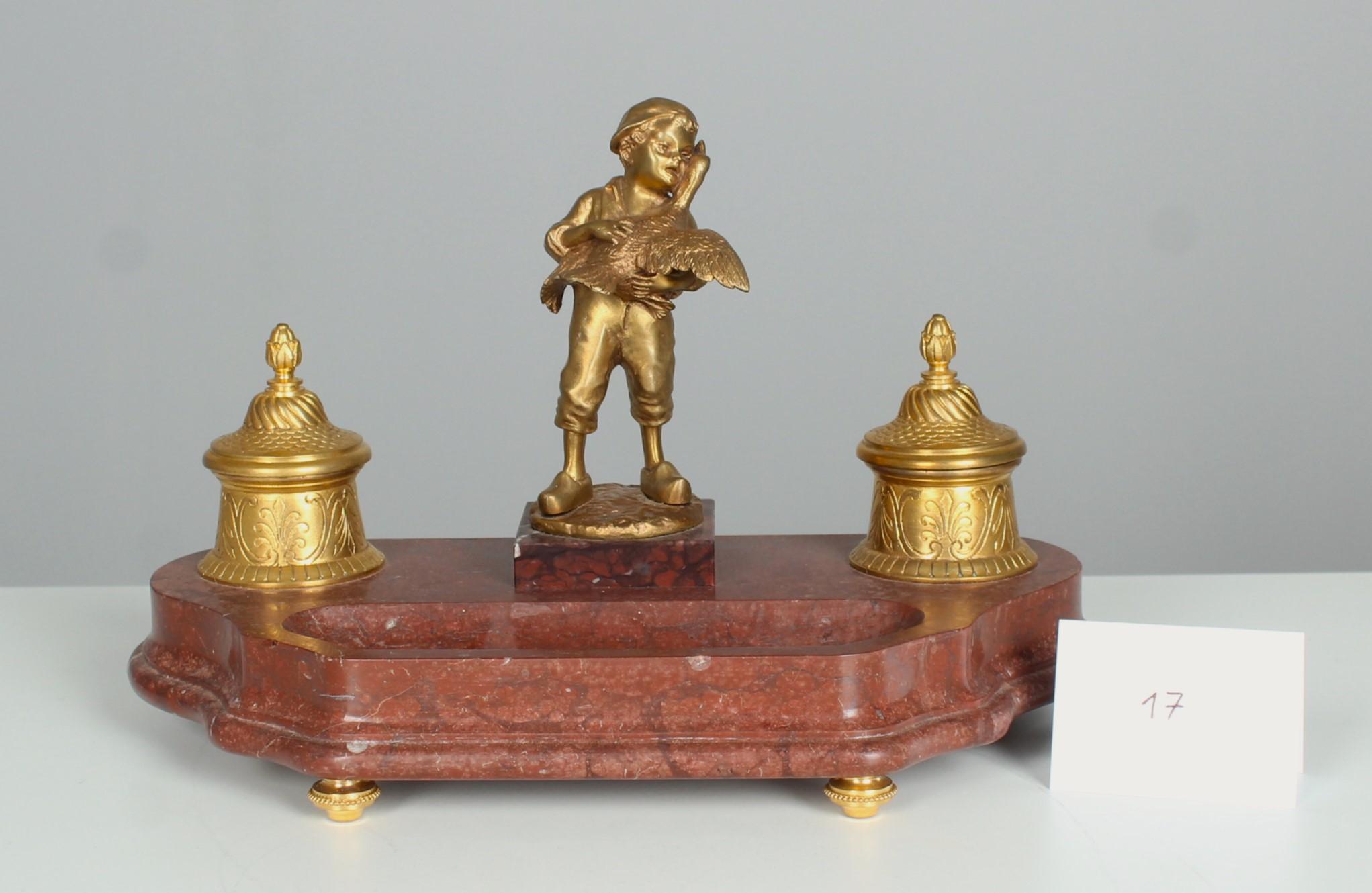 Rare Antique Bronze Inkwell By Joseph D´Aste (1881-1945), Young Boy and Goose For Sale 6